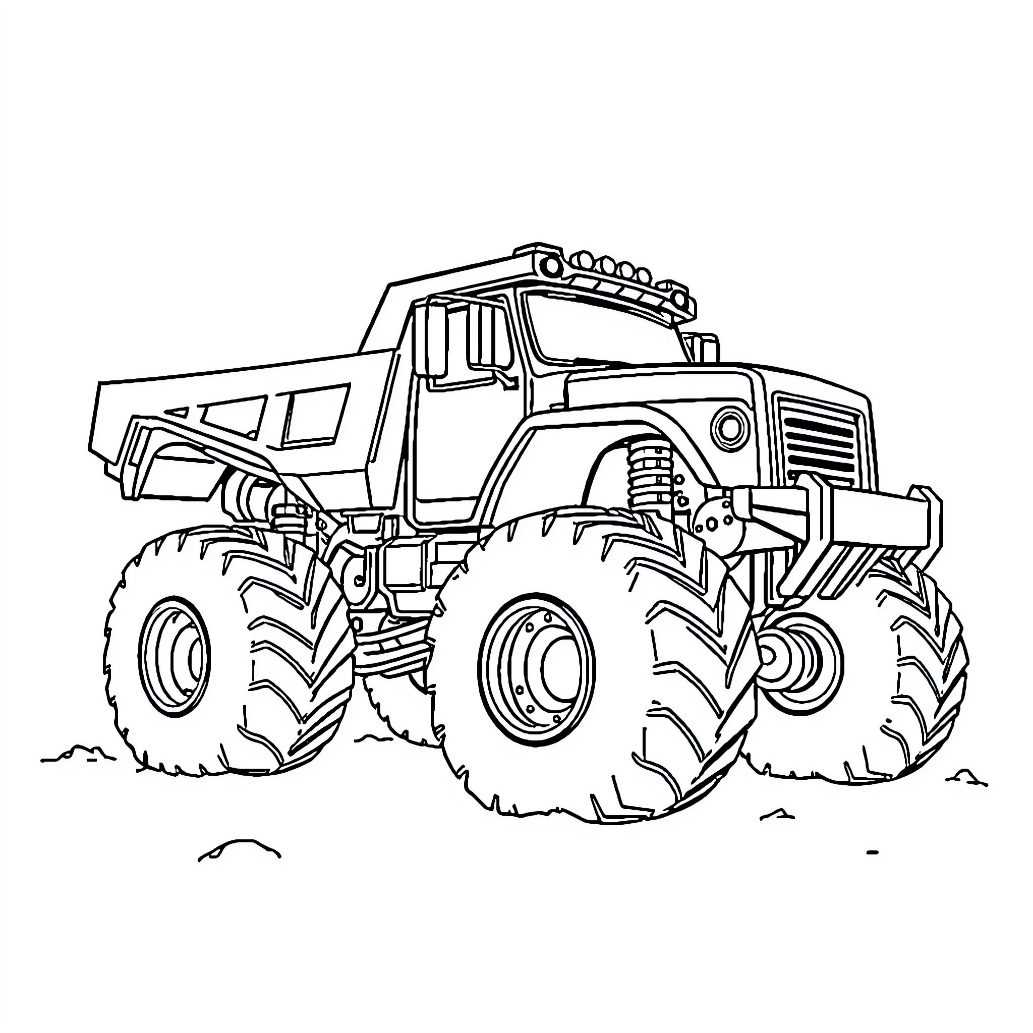 Monster Truck ready for action on the road Coloring Page (free black-and-white line drawing printable PDF for all, from beginners to advanced learners, including children, teens, adults, and seniors)