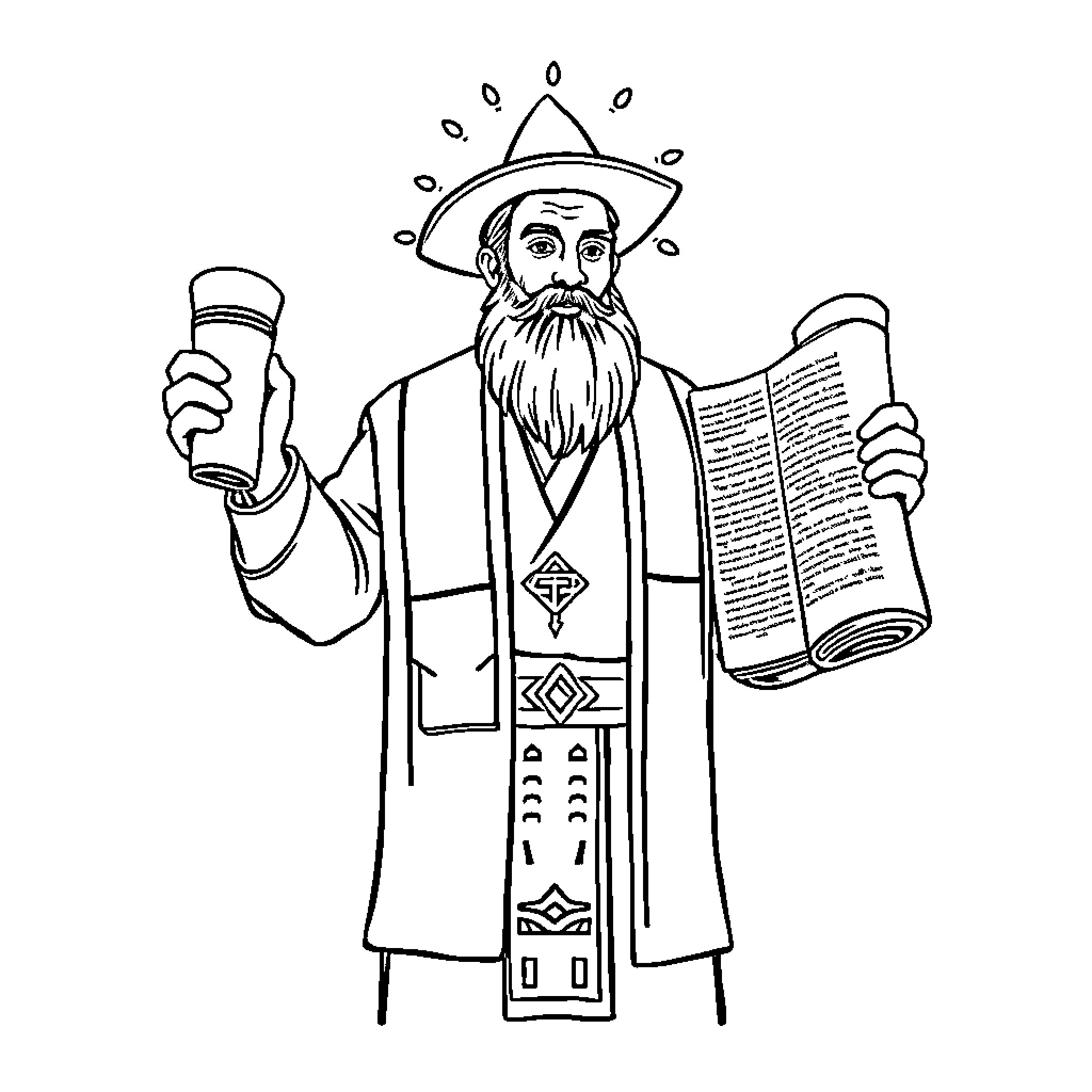 Jewish Man in Traditional Attire Reading from Holy Scriptures Coloring Page (free black-and-white line drawing printable PDF for all, from beginners to advanced learners, including children, teens, adults, and seniors)