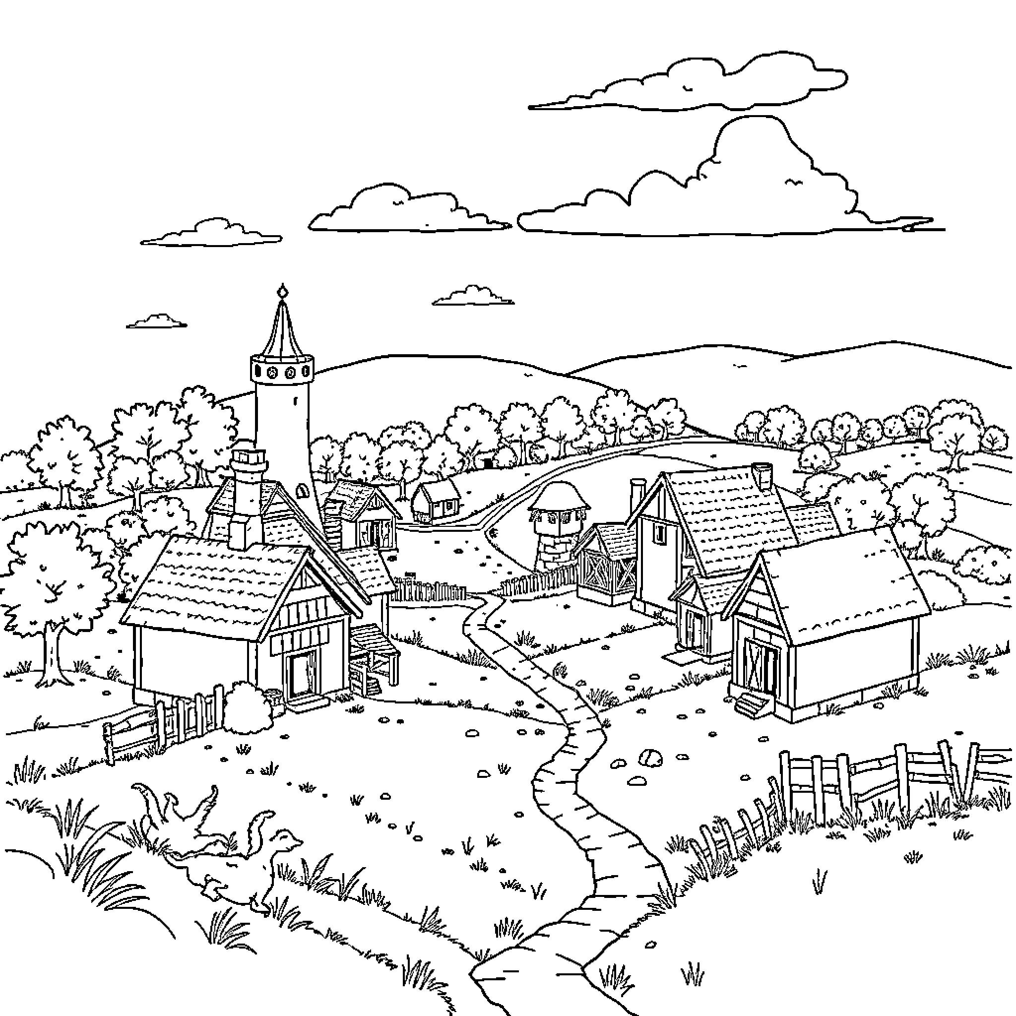 Manor of rural village with scenic landscape Coloring Page (free black-and-white line drawing printable PDF for all, from beginners to advanced learners, including children, teens, adults, and seniors)