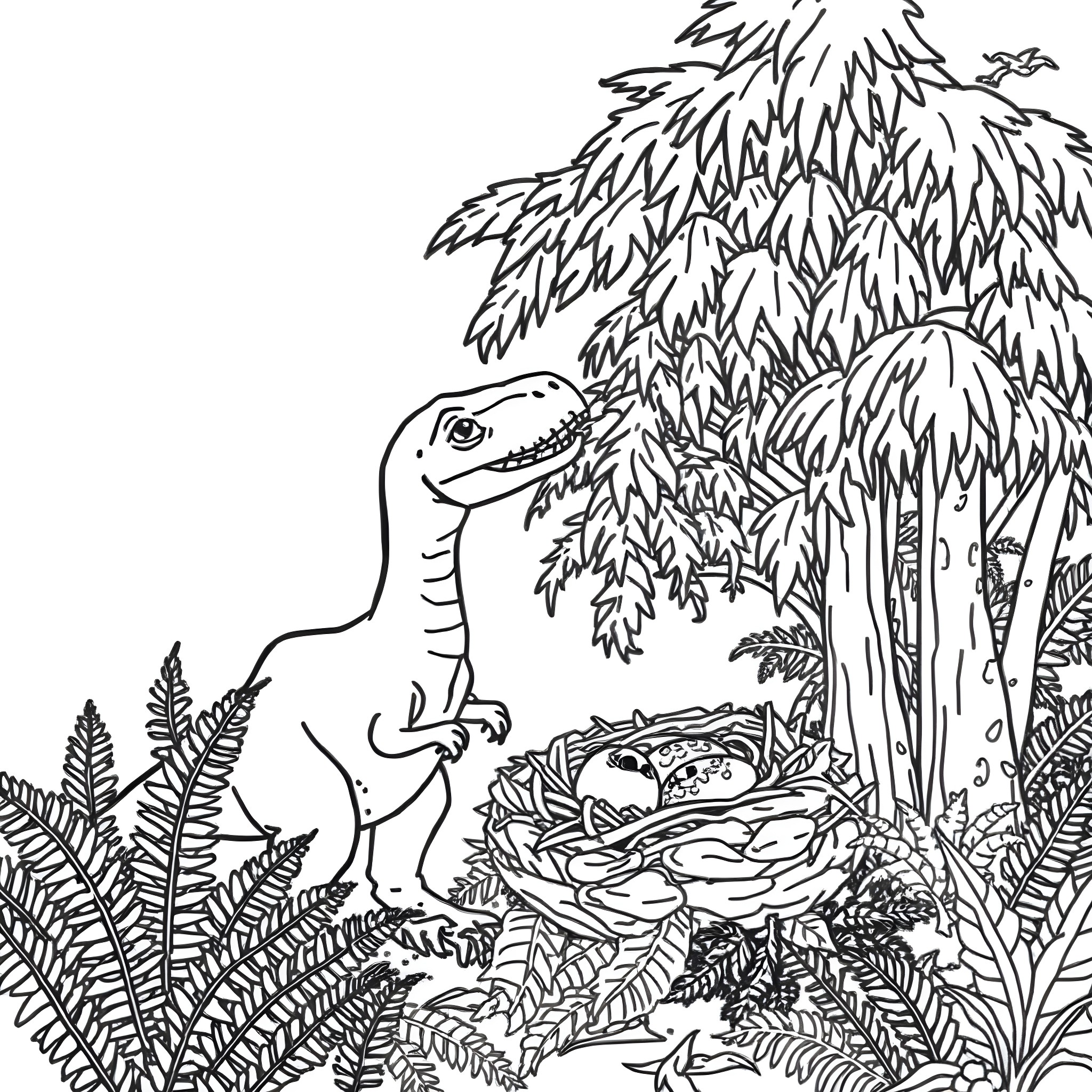 Dinosaur exploring mysterious jungle scenery Coloring Page (free black-and-white line drawing printable PDF for all, from beginners to advanced learners, including children, teens, adults, and seniors)