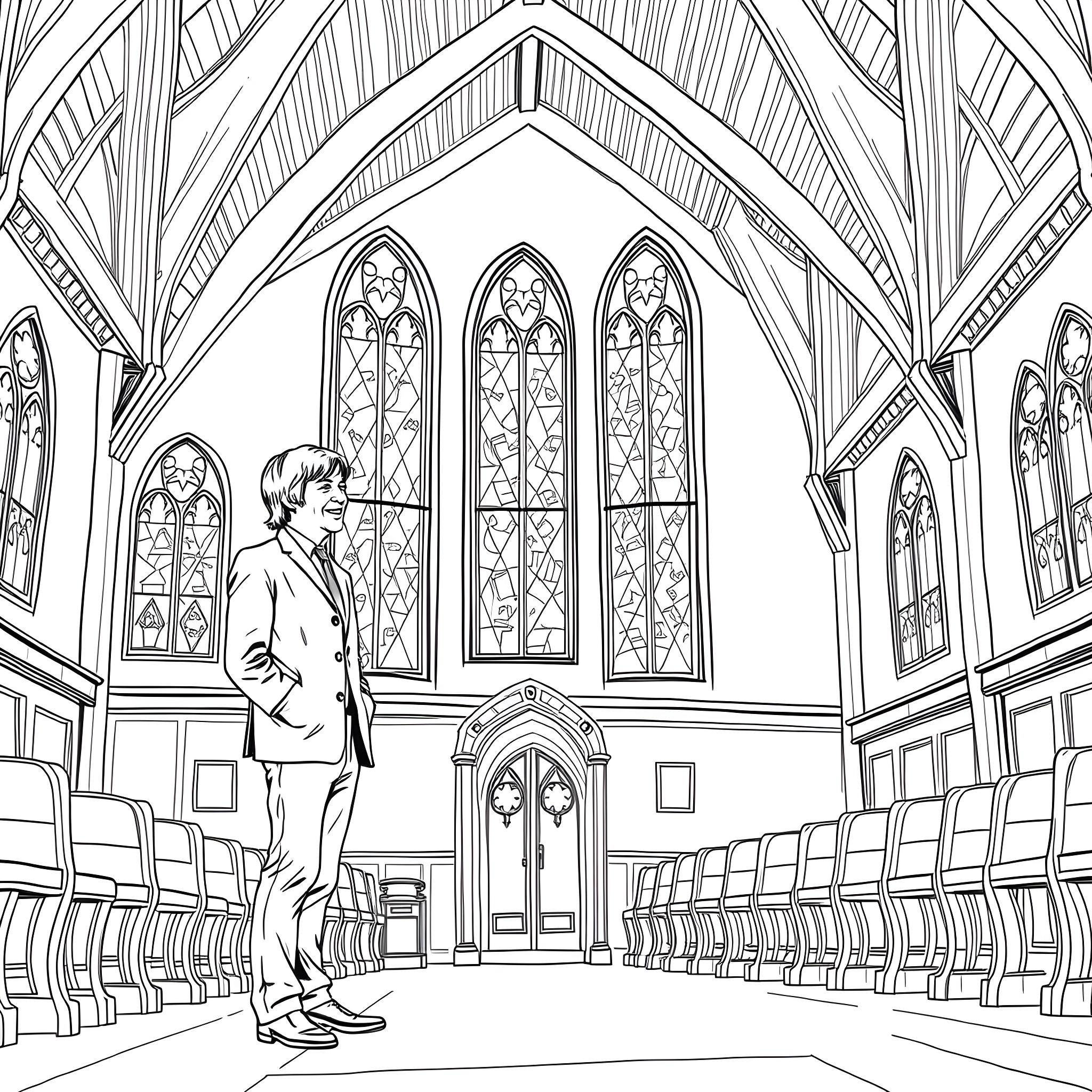 John Lennon standing in a gothic church interior Coloring Page (free black-and-white line drawing printable PDF for all, from beginners to advanced learners, including children, teens, adults, and seniors)