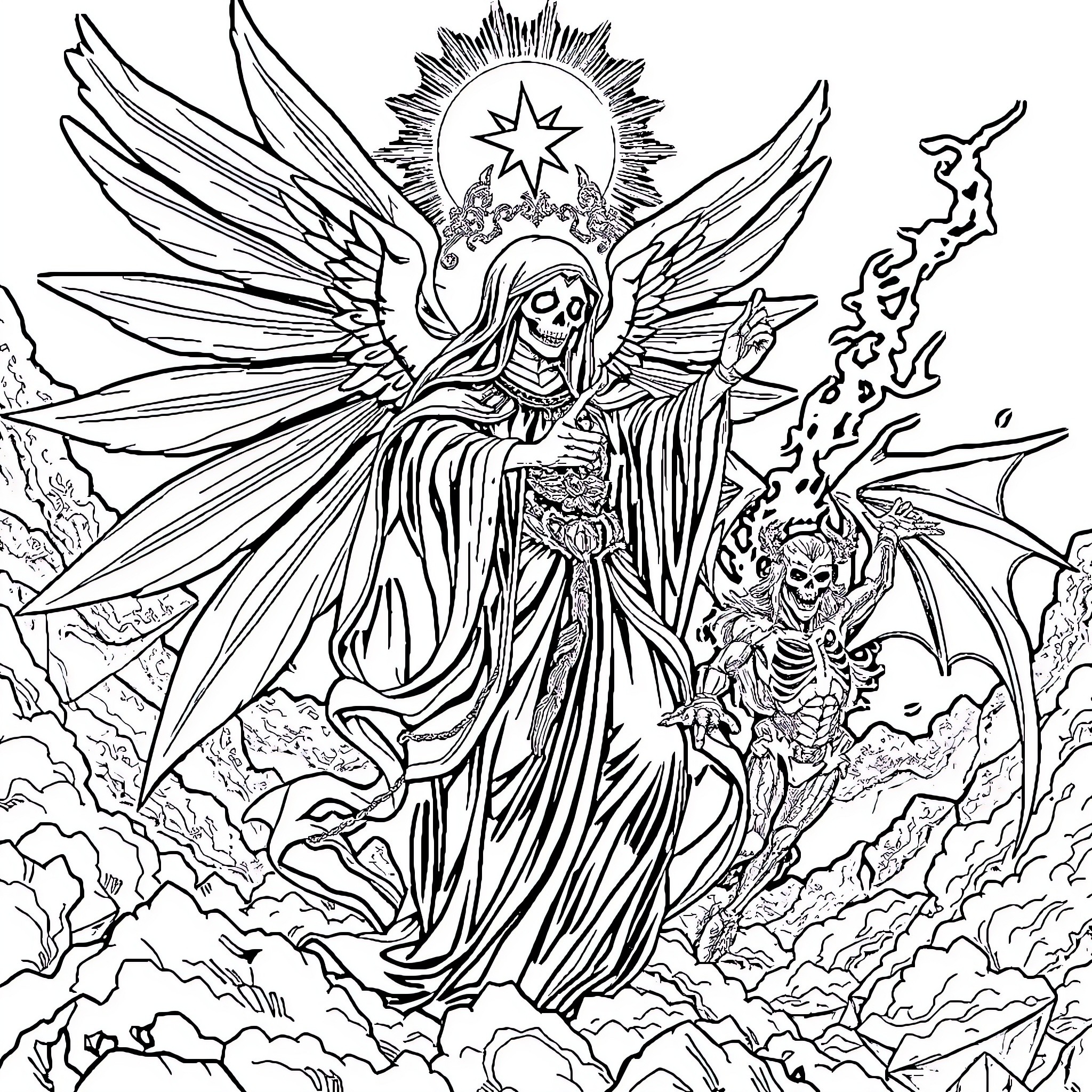 Santa Muerte: Winged Angel Amid Skeletal Figures and Clouds Coloring Page (free black-and-white line drawing printable PDF for all, from beginners to advanced learners, including children, teens, adults, and seniors)