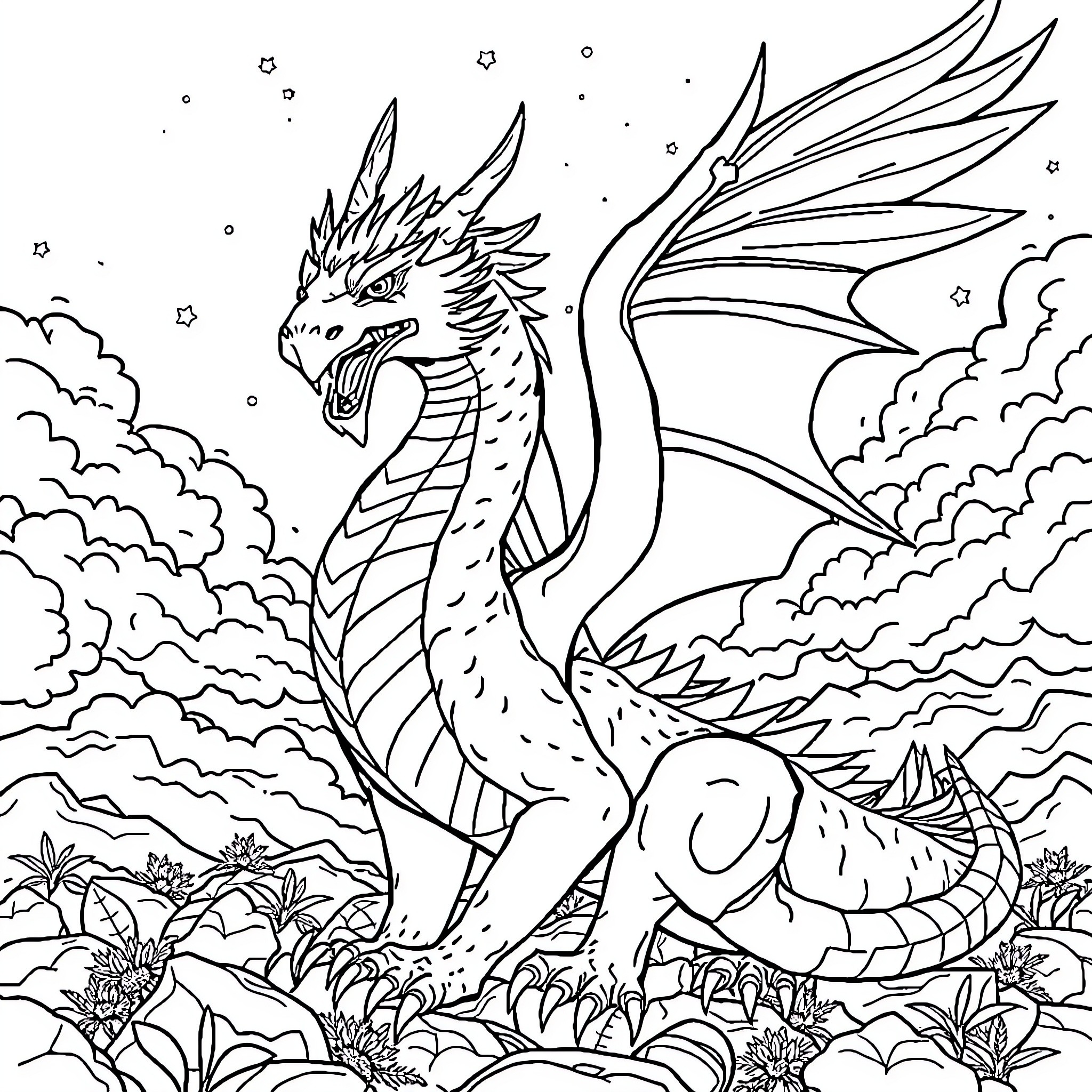 Dragon soaring through the mystical clouds Coloring Page (free black-and-white line drawing printable PDF for all, from beginners to advanced learners, including children, teens, adults, and seniors)