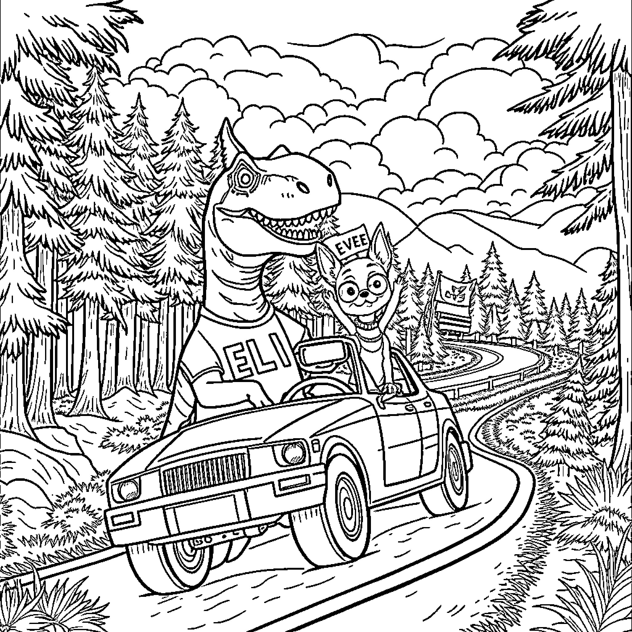 T-Rex enjoying a scenic road trip with a friend Coloring Page (free black-and-white line drawing printable PDF for all, from beginners to advanced learners, including children, teens, adults, and seniors)
