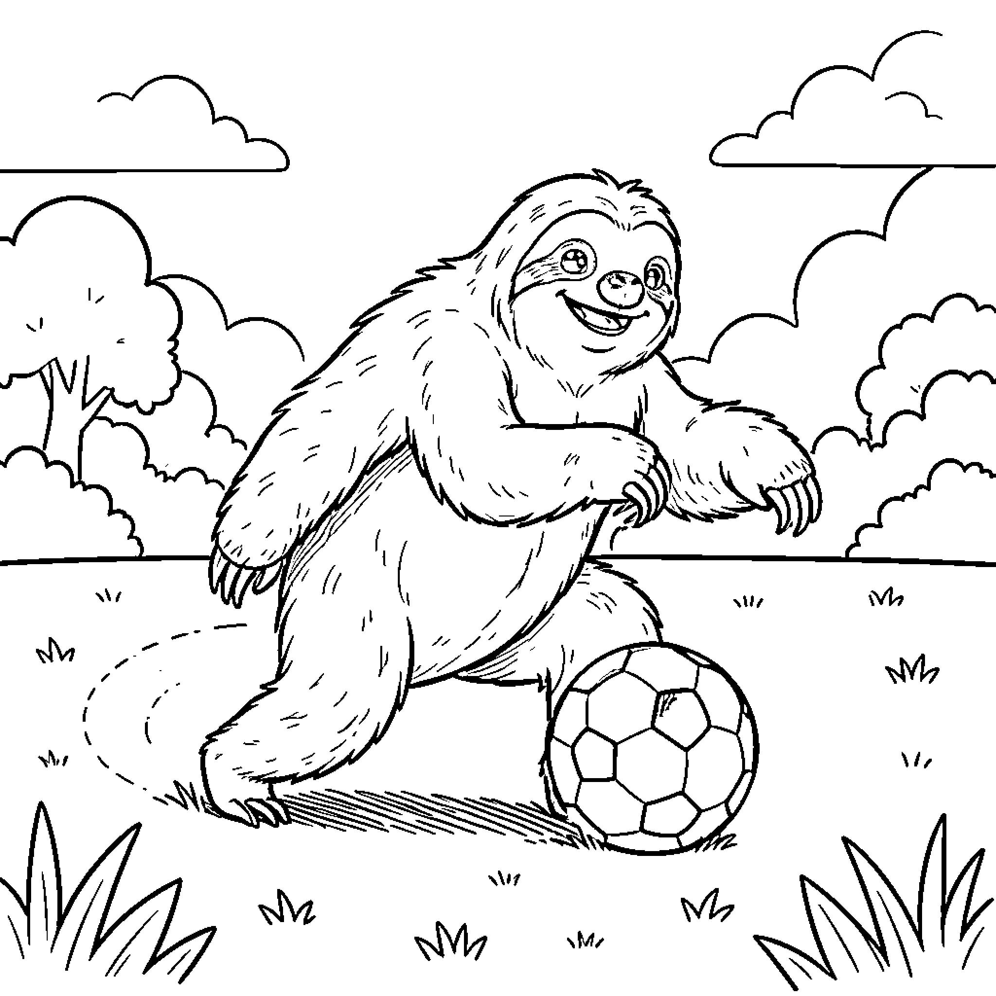 Sloth happily playing soccer in a grassy field Coloring Page (free black-and-white line drawing printable PDF for all, from beginners to advanced learners, including children, teens, adults, and seniors)