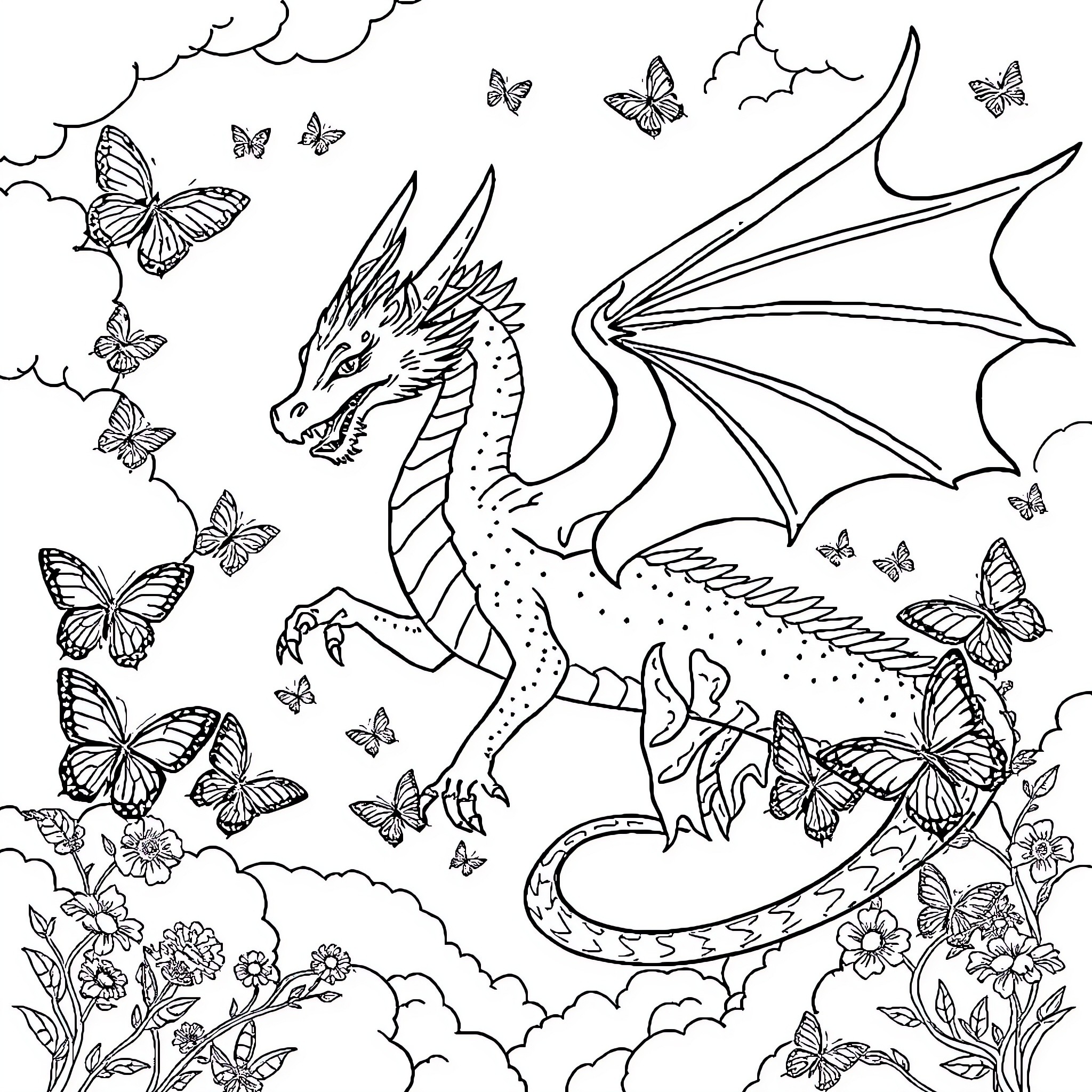 Dragon soaring among butterflies and flowers Coloring Page (free black-and-white line drawing printable PDF for all, from beginners to advanced learners, including children, teens, adults, and seniors)