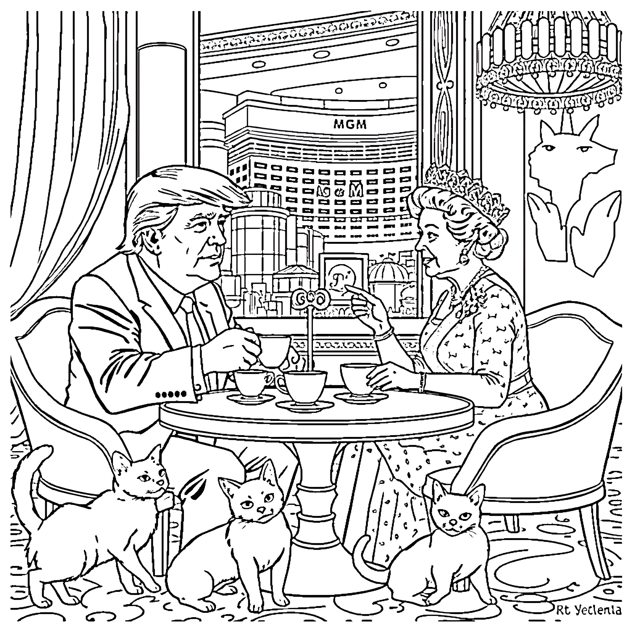 Donald Trump and Queen enjoying tea at the casino Coloring Page (free black-and-white line drawing printable PDF for all, from beginners to advanced learners, including children, teens, adults, and seniors)