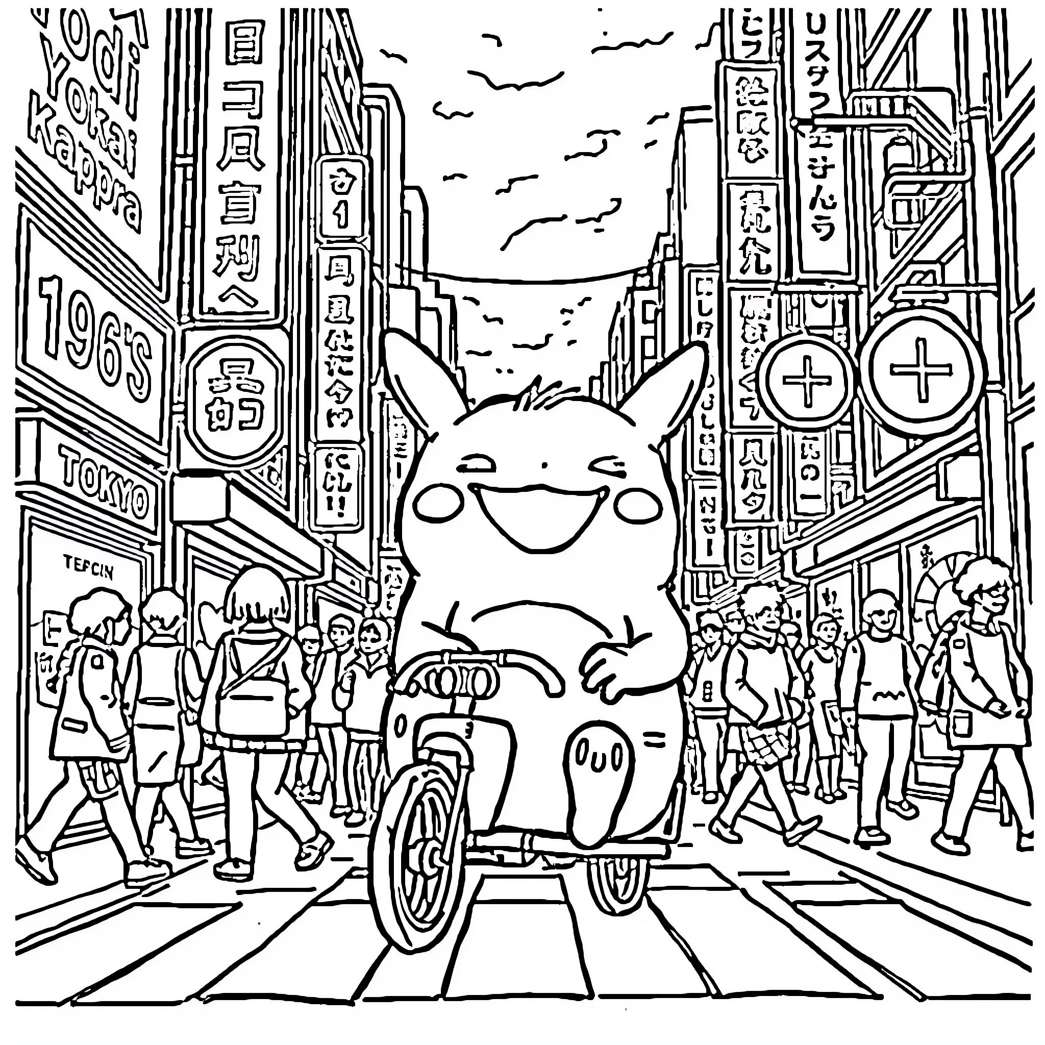 Kappa adventures in the lively city Coloring Page (free black-and-white line drawing printable PDF for all, from beginners to advanced learners, including children, teens, adults, and seniors)