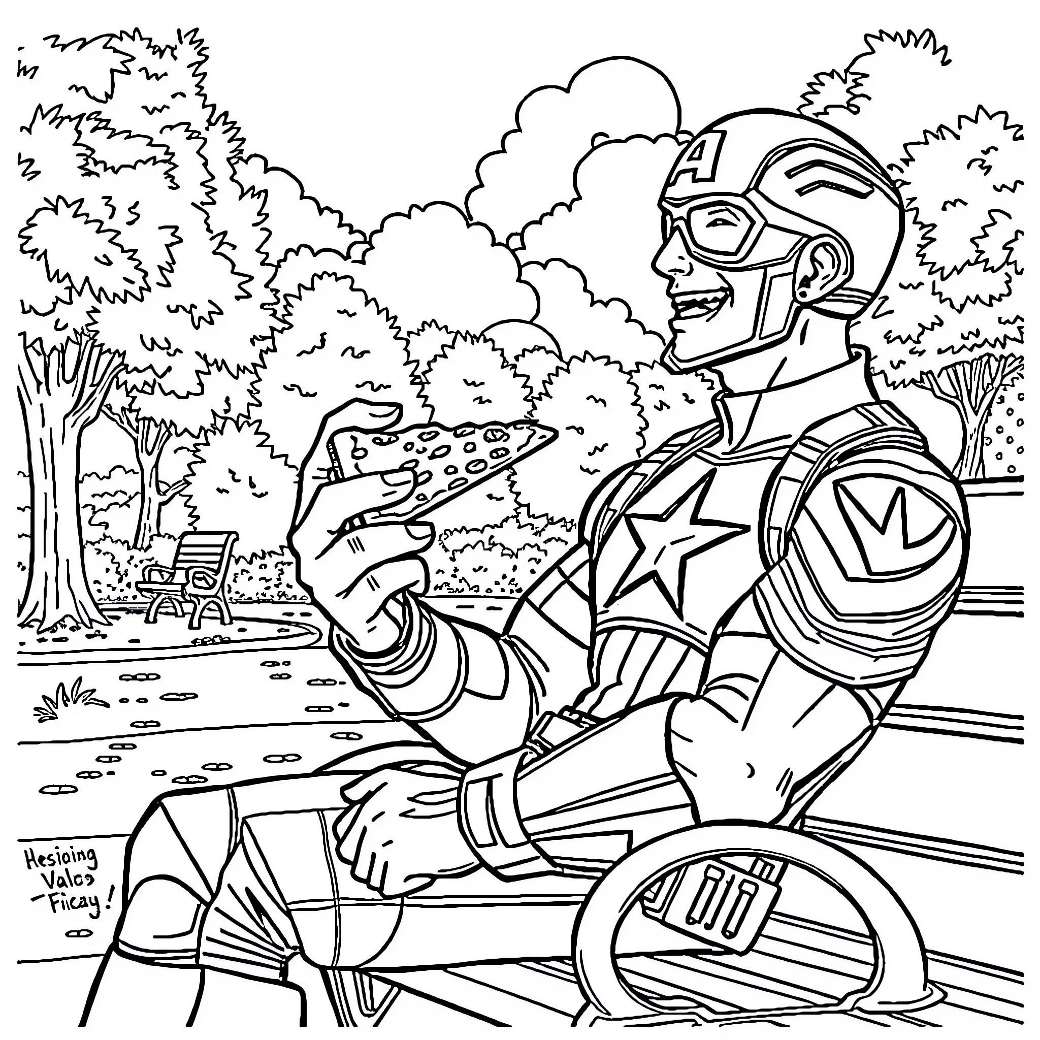Captain America on Heroic Mission in Outdoor Scene Coloring Page (free black-and-white line drawing printable PDF for all, from beginners to advanced learners, including children, teens, adults, and seniors)