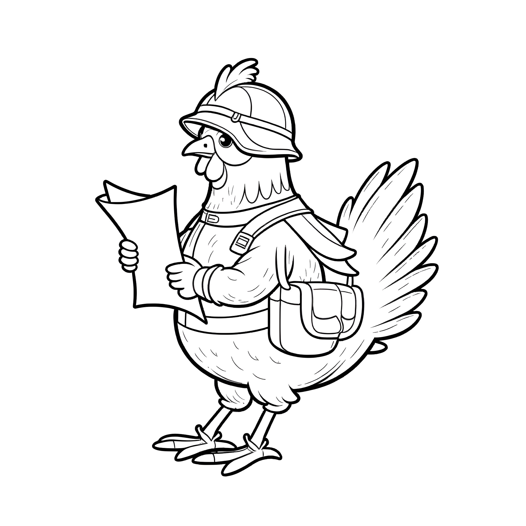 Chicken Delivery Worker Carrying Mail Coloring Page (free black-and-white line drawing printable PDF for all, from beginners to advanced learners, including children, teens, adults, and seniors)