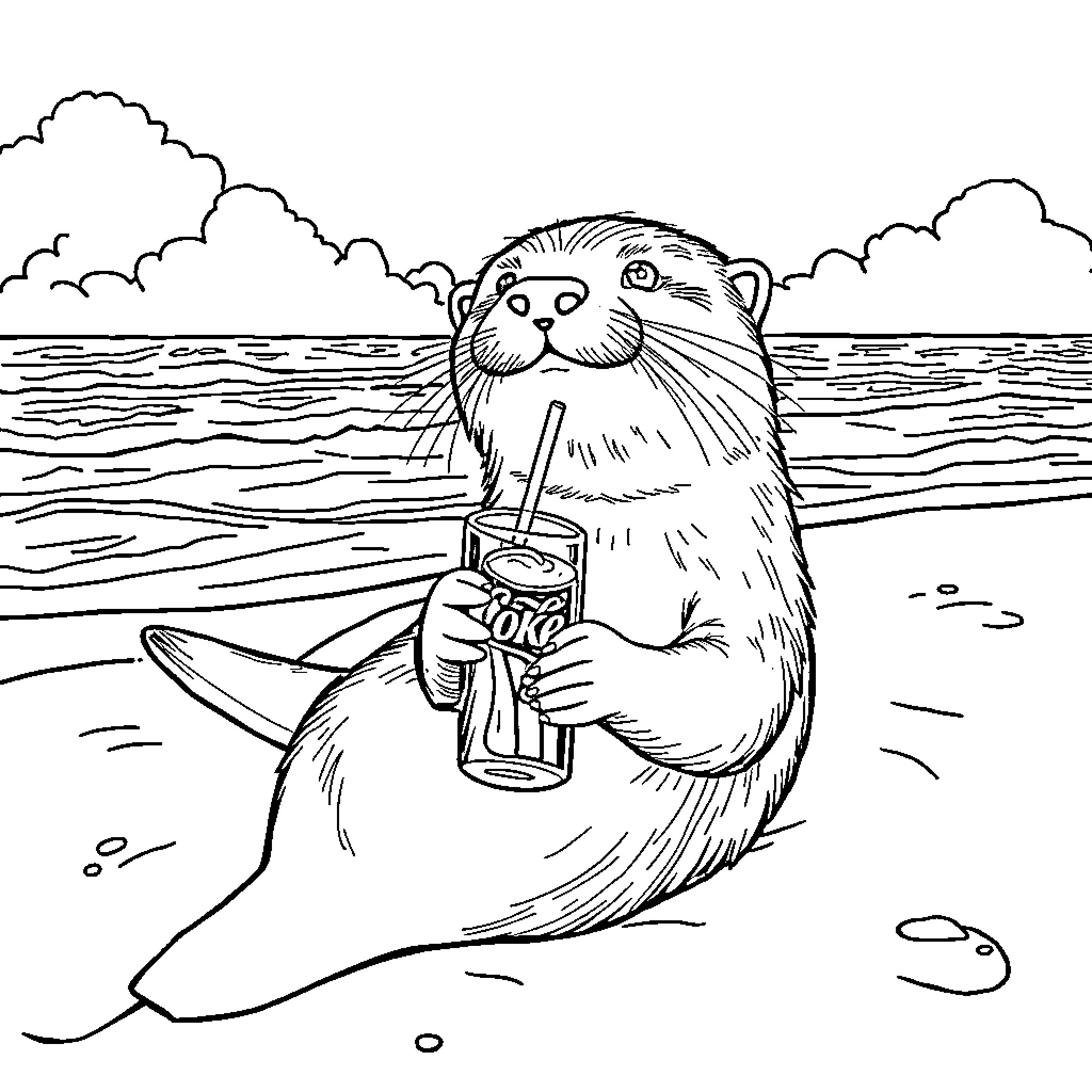 Otter enjoying refreshing drink by the ocean Coloring Page (free black-and-white line drawing printable PDF for all, from beginners to advanced learners, including children, teens, adults, and seniors)