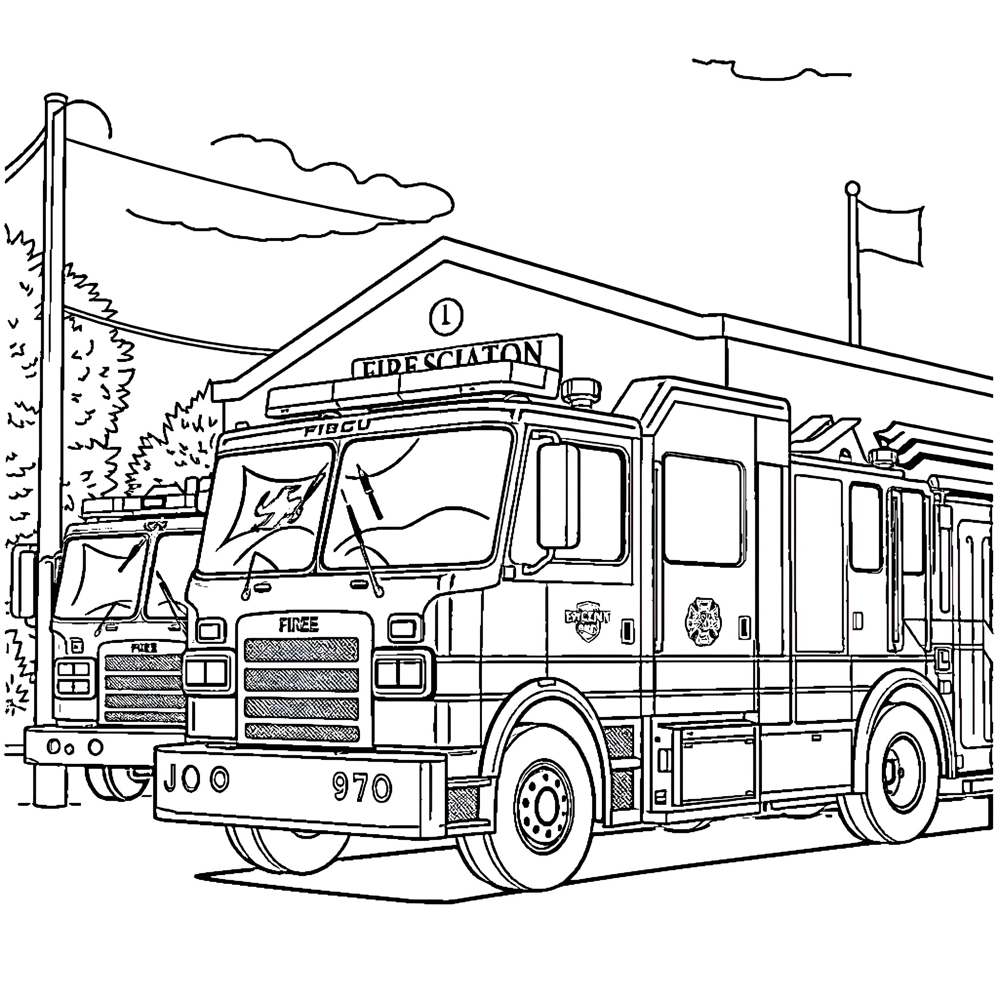 Firetruck responding to an emergency call Coloring Page (free black-and-white line drawing printable PDF for all, from beginners to advanced learners, including children, teens, adults, and seniors)