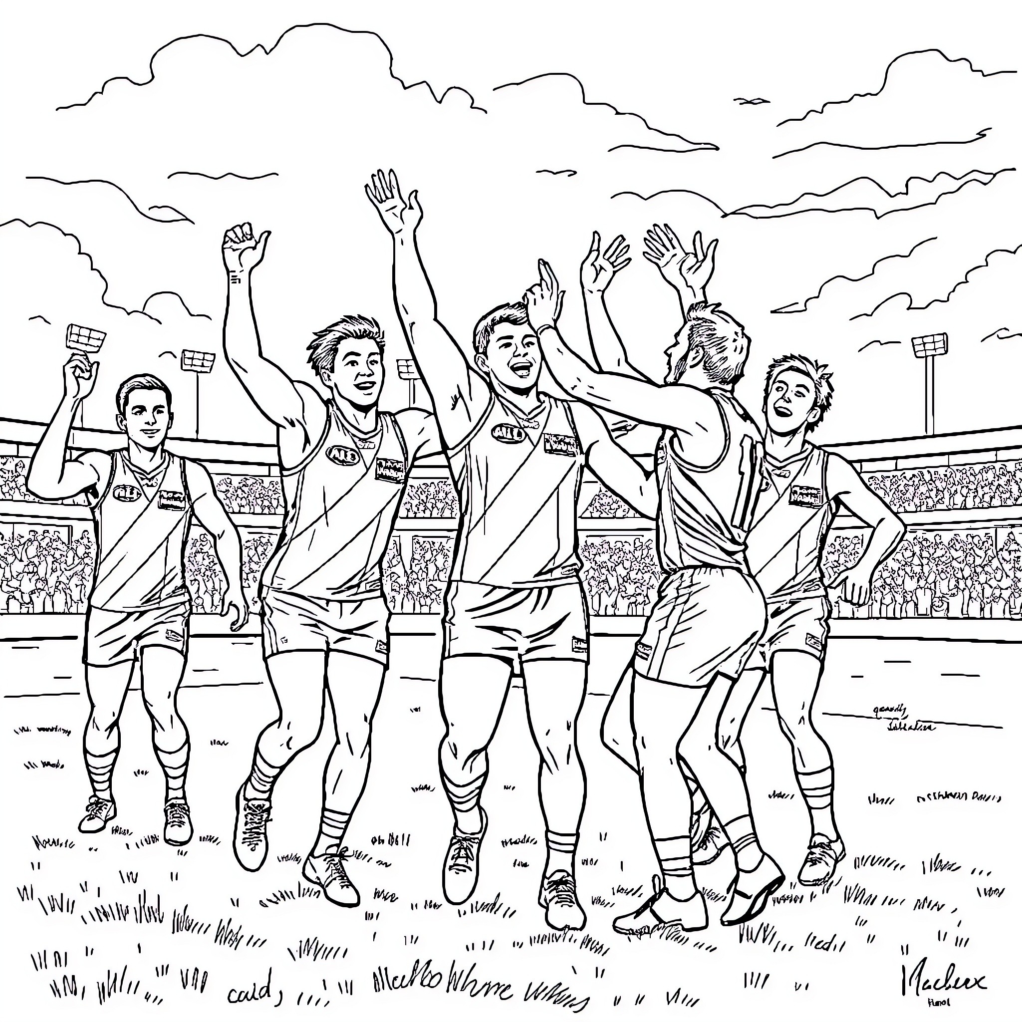 Melbourne Demon Victorious Celebration on Field Coloring Page (free black-and-white line drawing printable PDF for all, from beginners to advanced learners, including children, teens, adults, and seniors)