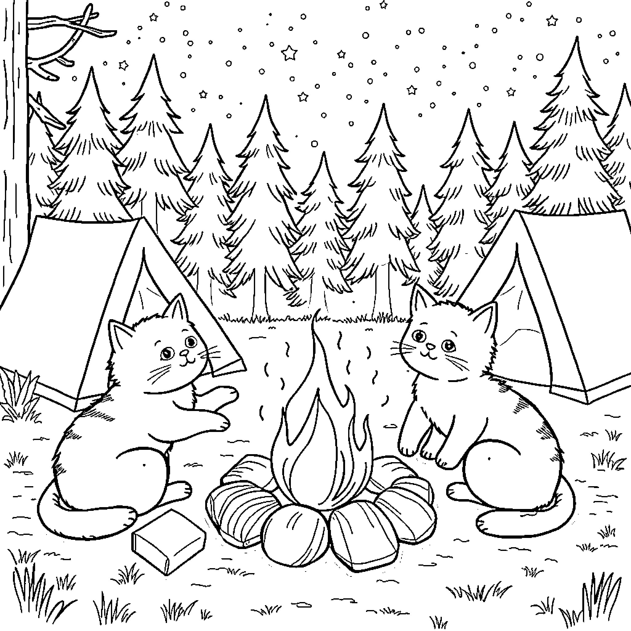 Cats Camping in Snowy Forest Coloring Page (free black-and-white line drawing printable PDF for all, from beginners to advanced learners, including children, teens, adults, and seniors)