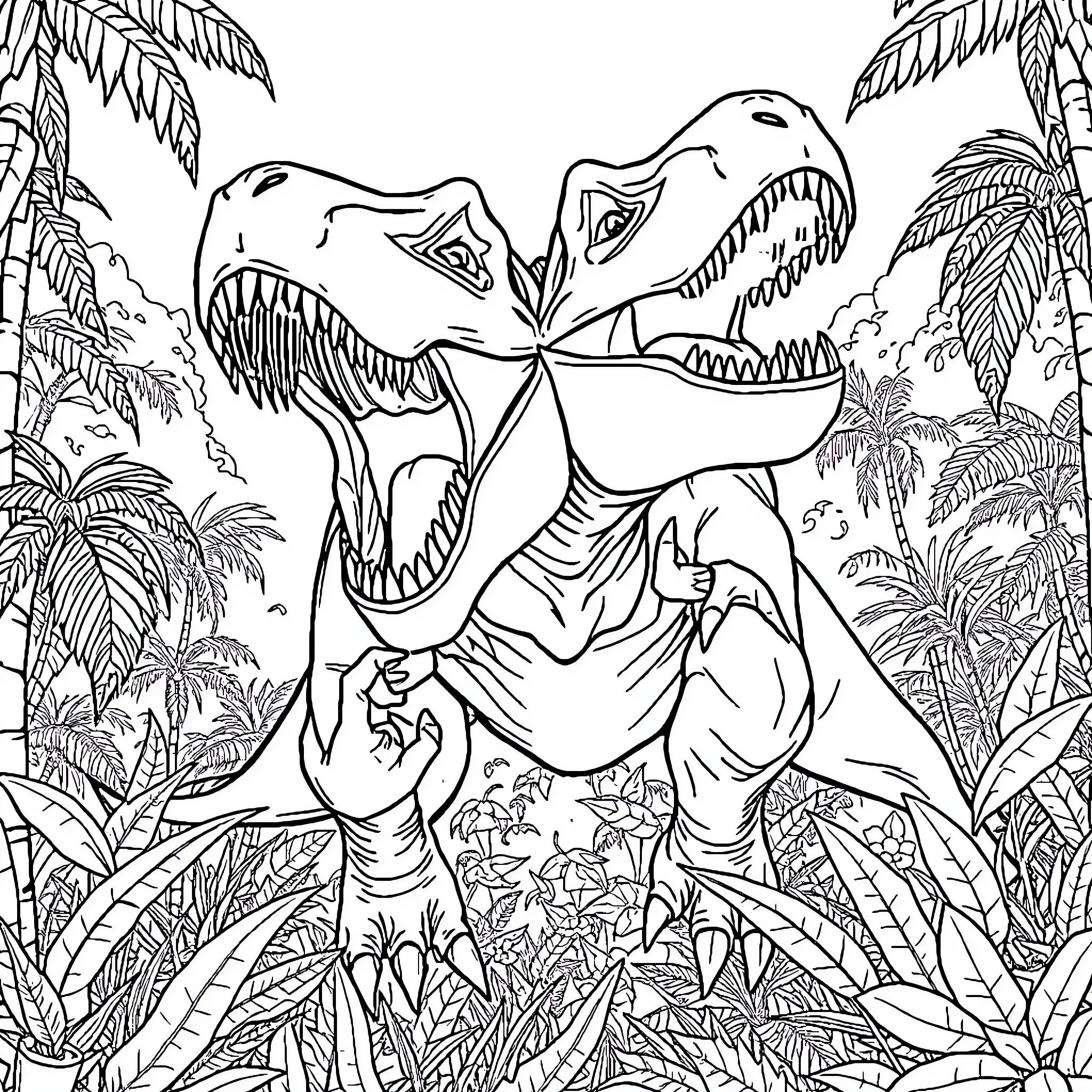 T-Rex Roaring Fiercely in Lush Prehistoric Jungle Coloring Page (free black-and-white line drawing printable PDF for all, from beginners to advanced learners, including children, teens, adults, and seniors)