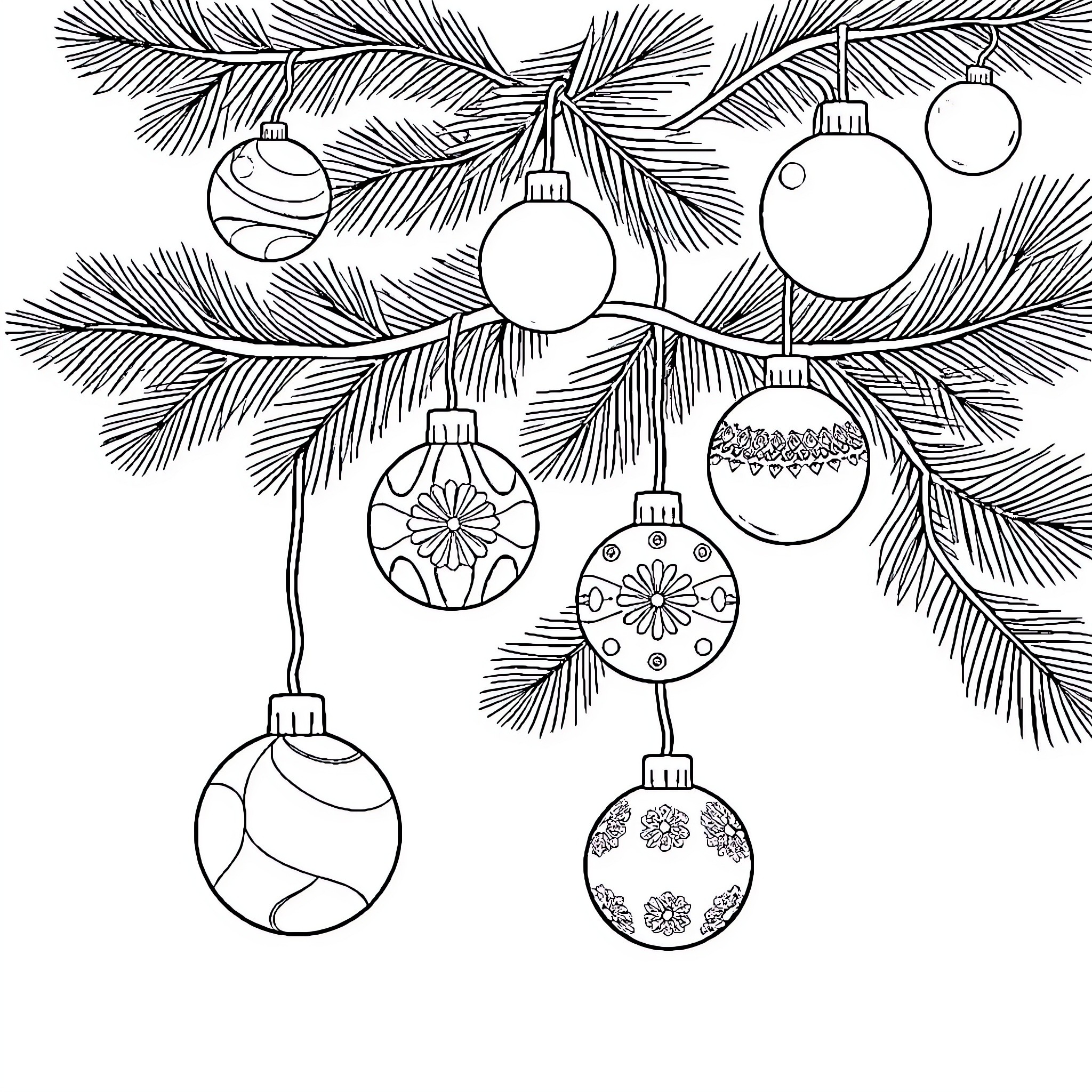 Ornament-filled Christmas tree branches Coloring Page (free black-and-white line drawing printable PDF for all, from beginners to advanced learners, including children, teens, adults, and seniors)