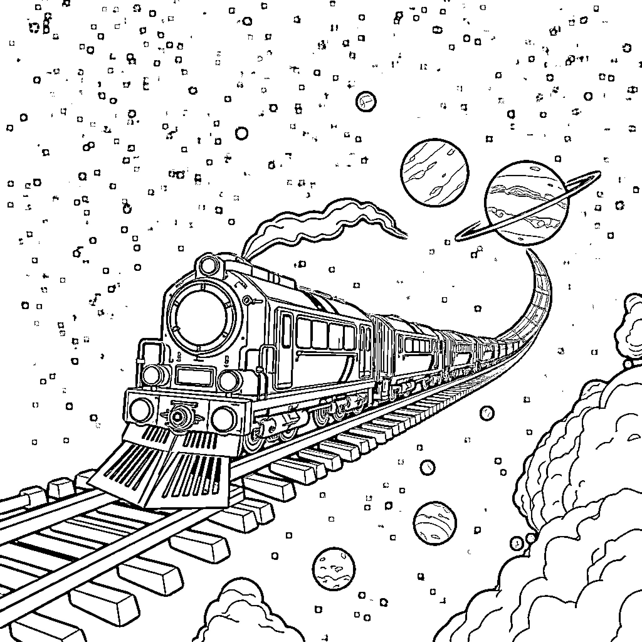 Train speeding through cosmic landscape Coloring Page (free black-and-white line drawing printable PDF for all, from beginners to advanced learners, including children, teens, adults, and seniors)