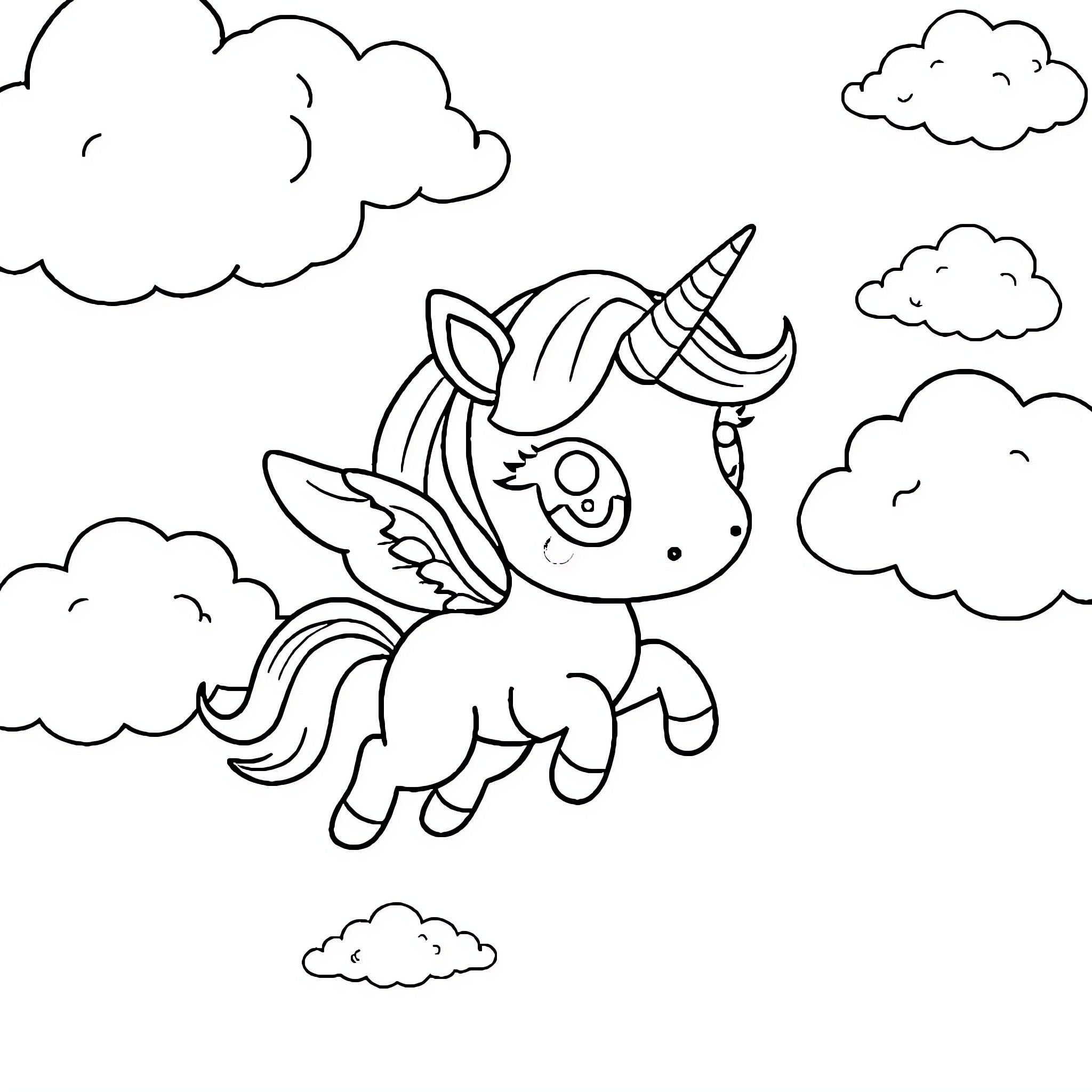 Unicorn soaring through the clouds Coloring Page (free black-and-white line drawing printable PDF for all, from beginners to advanced learners, including children, teens, adults, and seniors)
