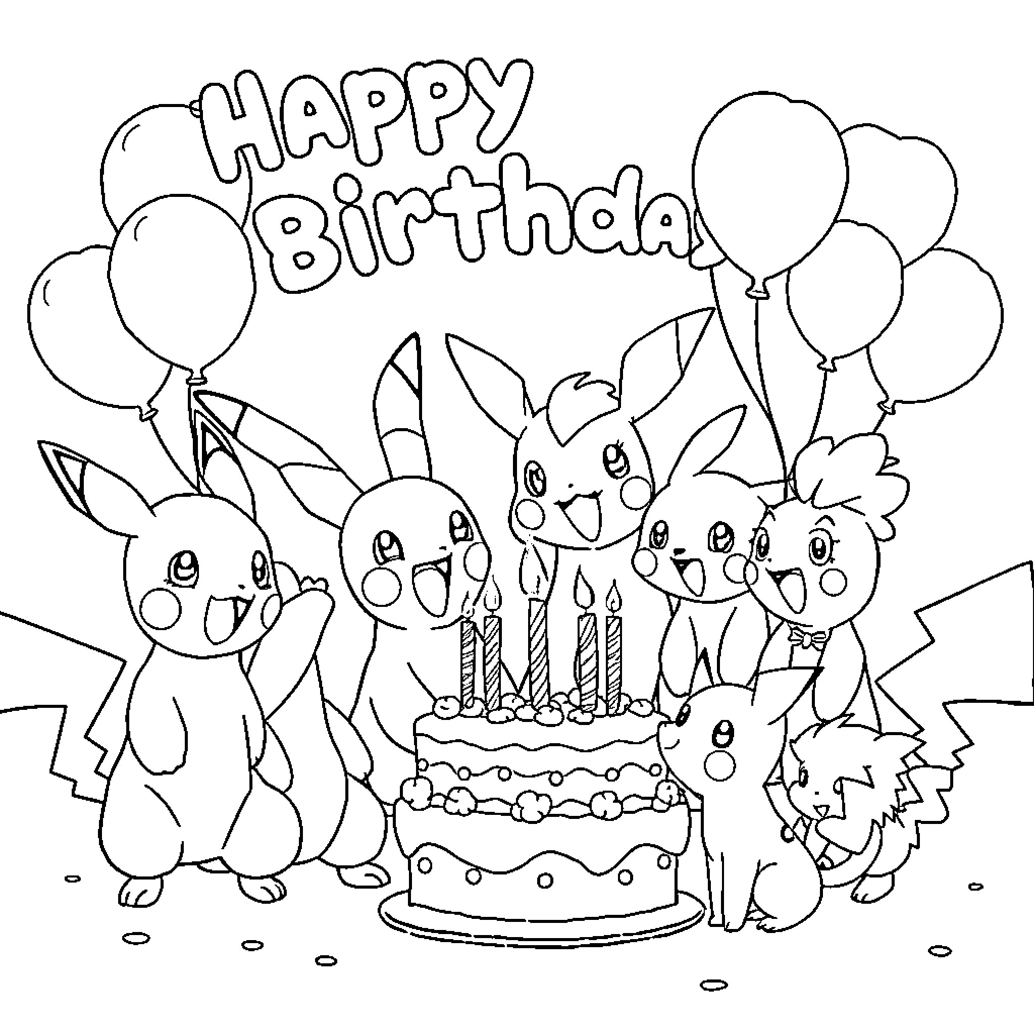 Pokémon characters celebrate a happy birthday Coloring Page (free black-and-white line drawing printable PDF for all, from beginners to advanced learners, including children, teens, adults, and seniors)