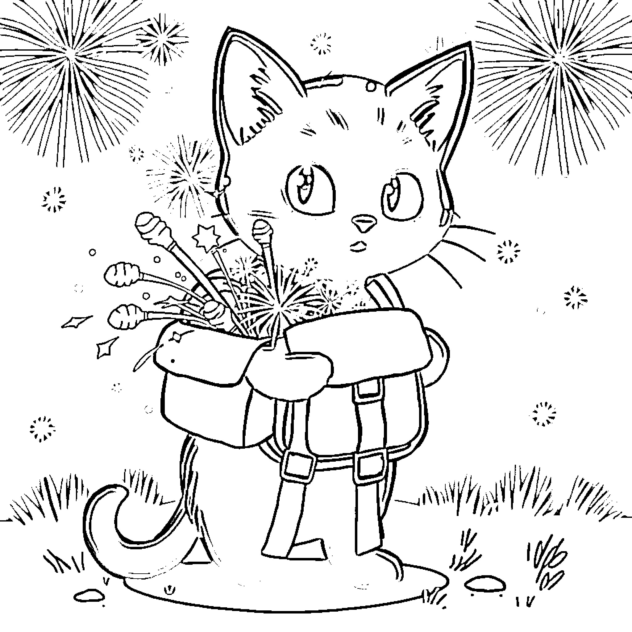 Cat with Fireworks in Backpack Coloring Page (free black-and-white line drawing printable PDF for all, from beginners to advanced learners, including children, teens, adults, and seniors)