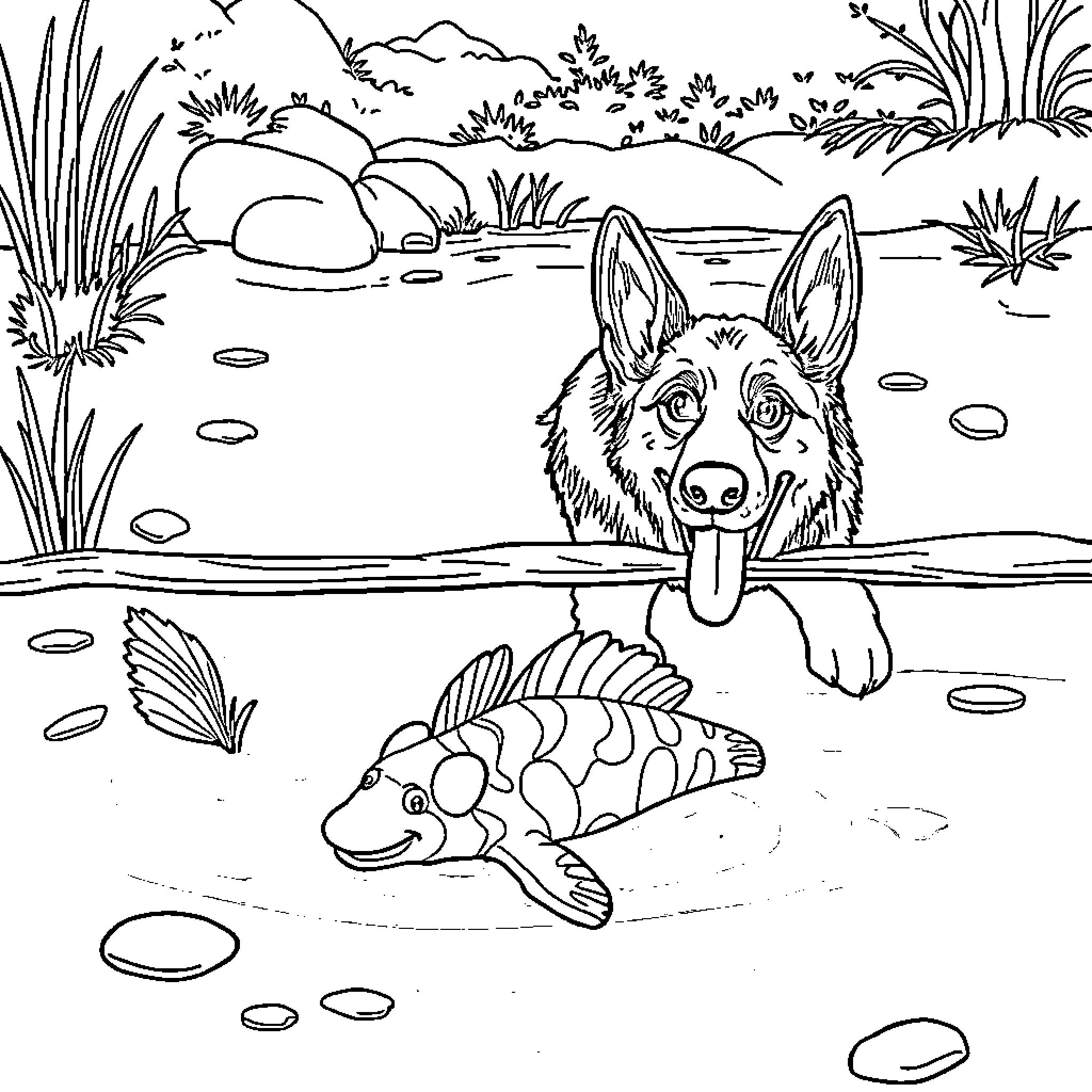 Dog watching a fish in the pond Coloring Page (free black-and-white line drawing printable PDF for all, from beginners to advanced learners, including children, teens, adults, and seniors)