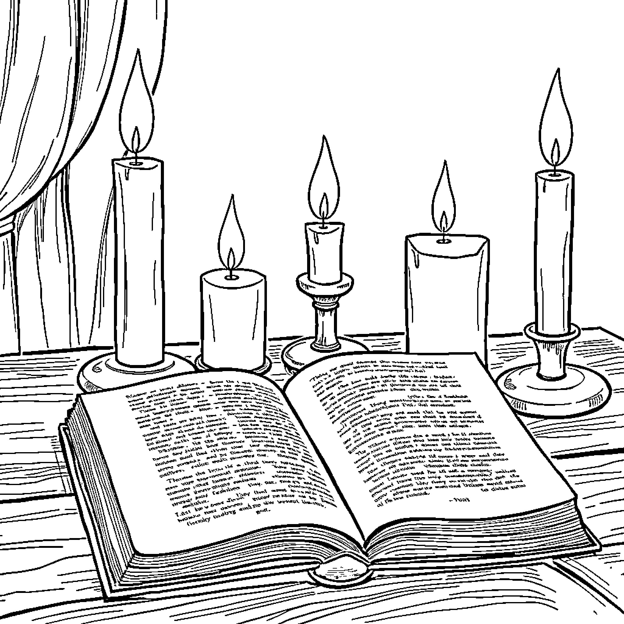 Book with Burning Candles on Table Coloring Page (free black-and-white line drawing printable PDF for all, from beginners to advanced learners, including children, teens, adults, and seniors)