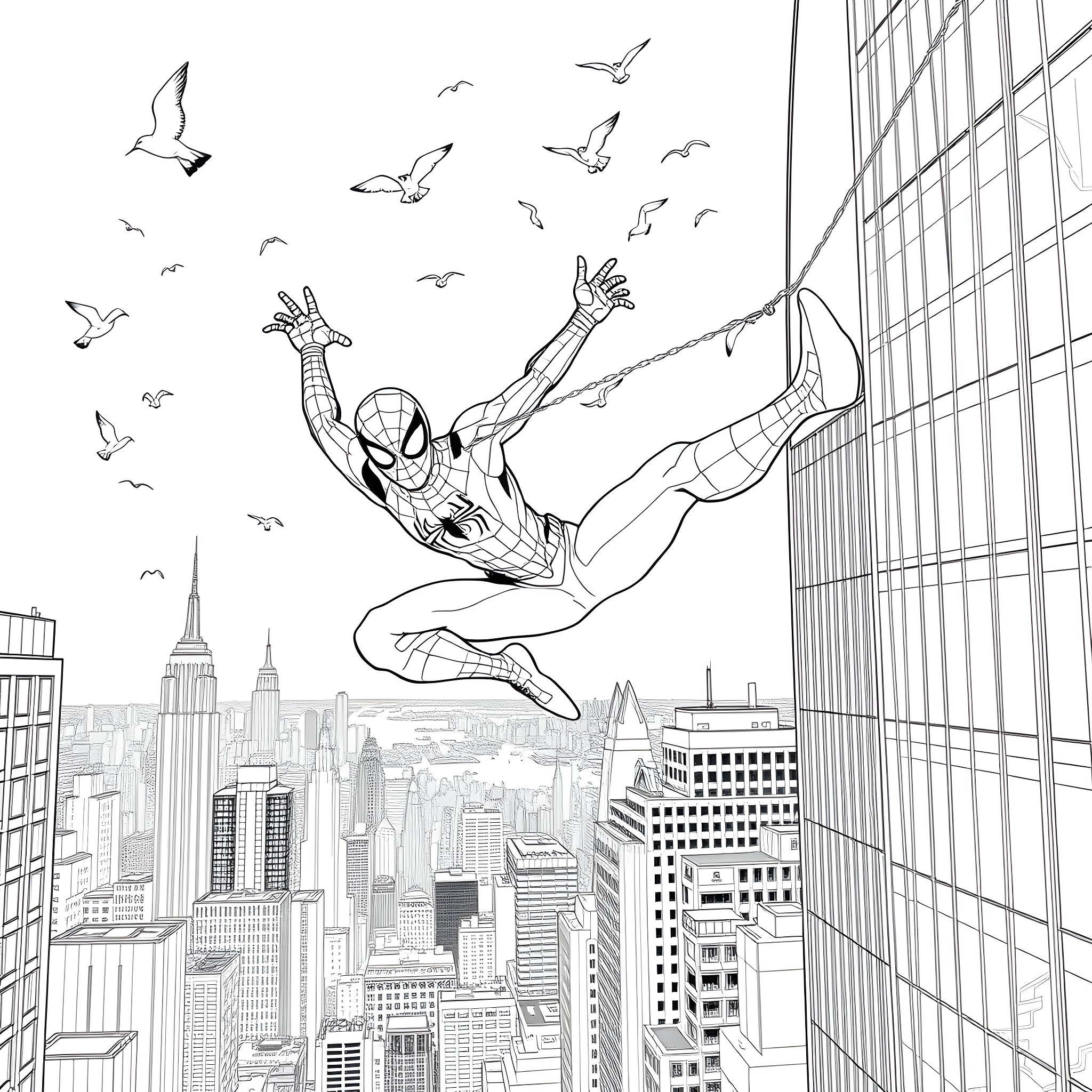Spider-Man swinging through the city skyline Coloring Page (free black-and-white line drawing printable PDF for all, from beginners to advanced learners, including children, teens, adults, and seniors)