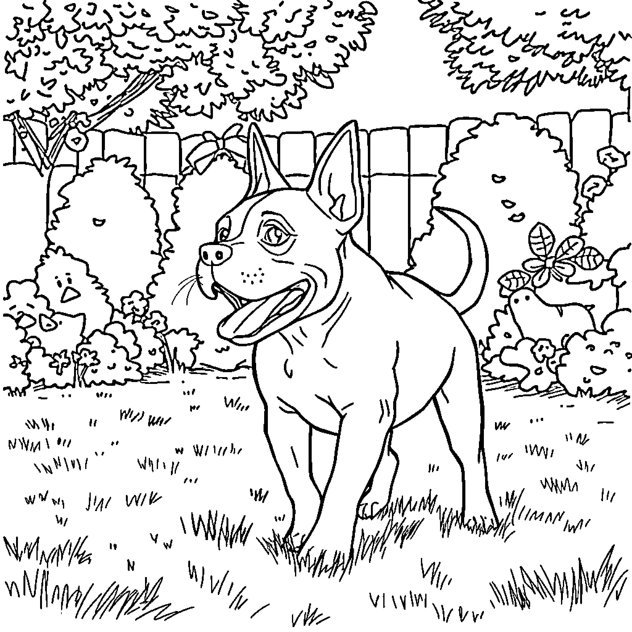 Pit Bull exploring the outdoors with curiosity Coloring Page (free black-and-white line drawing printable PDF for all, from beginners to advanced learners, including children, teens, adults, and seniors)