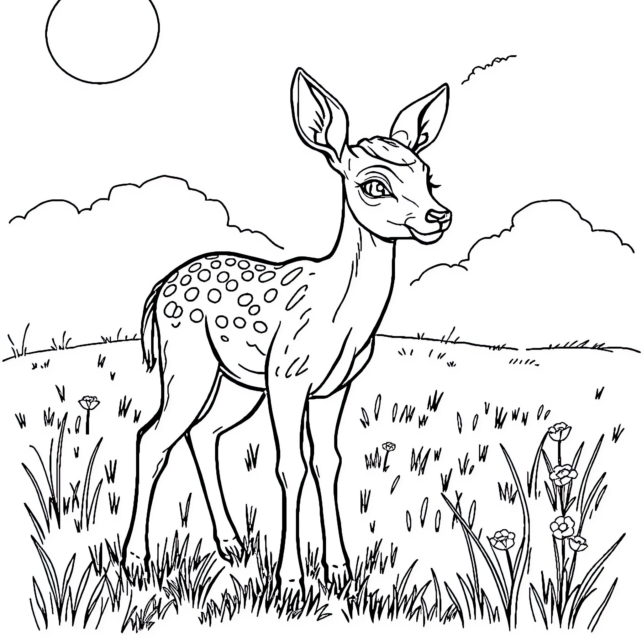 Deer exploring a grassy meadow Coloring Page (free black-and-white line drawing printable PDF for all, from beginners to advanced learners, including children, teens, adults, and seniors)
