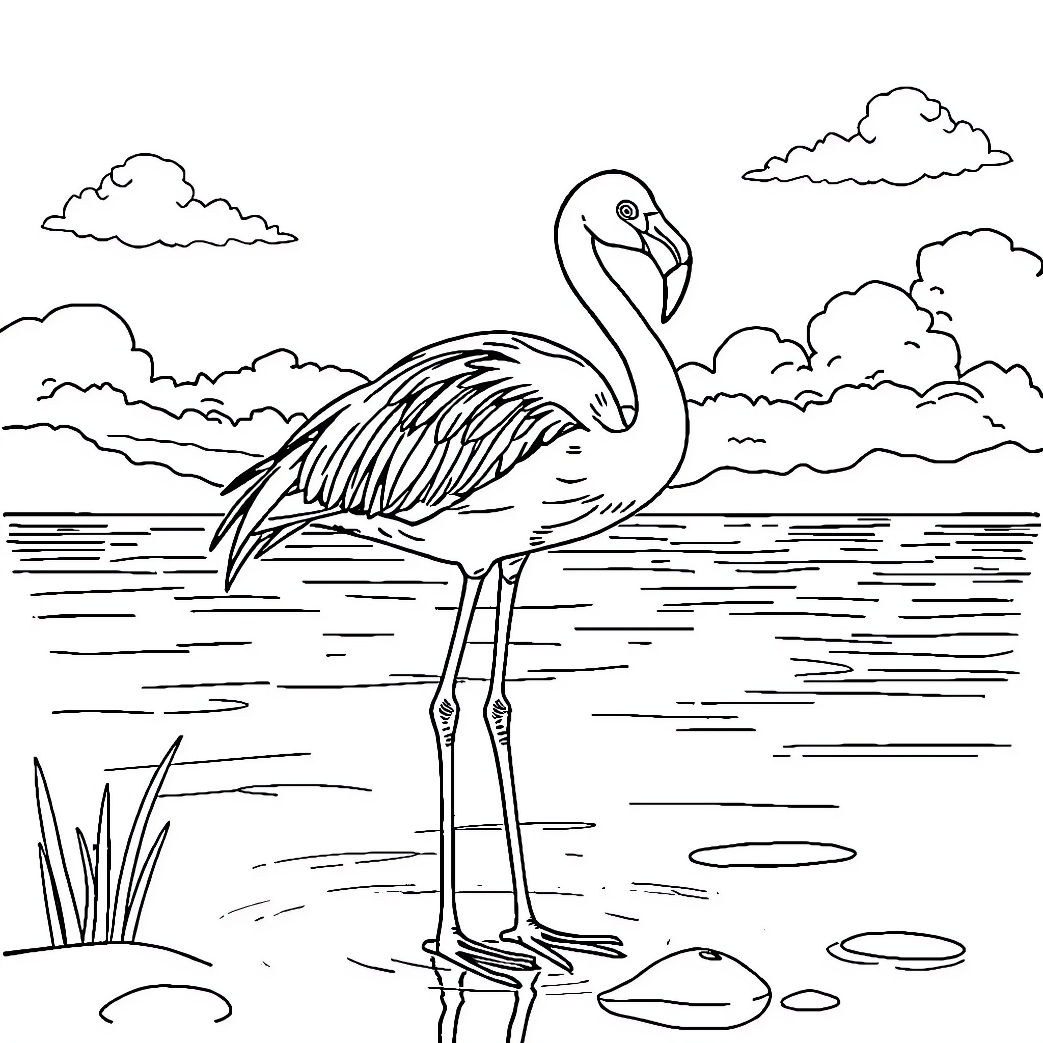 Flamingo standing tall in the serene wetlands Coloring Page (free black-and-white line drawing printable PDF for all, from beginners to advanced learners, including children, teens, adults, and seniors)