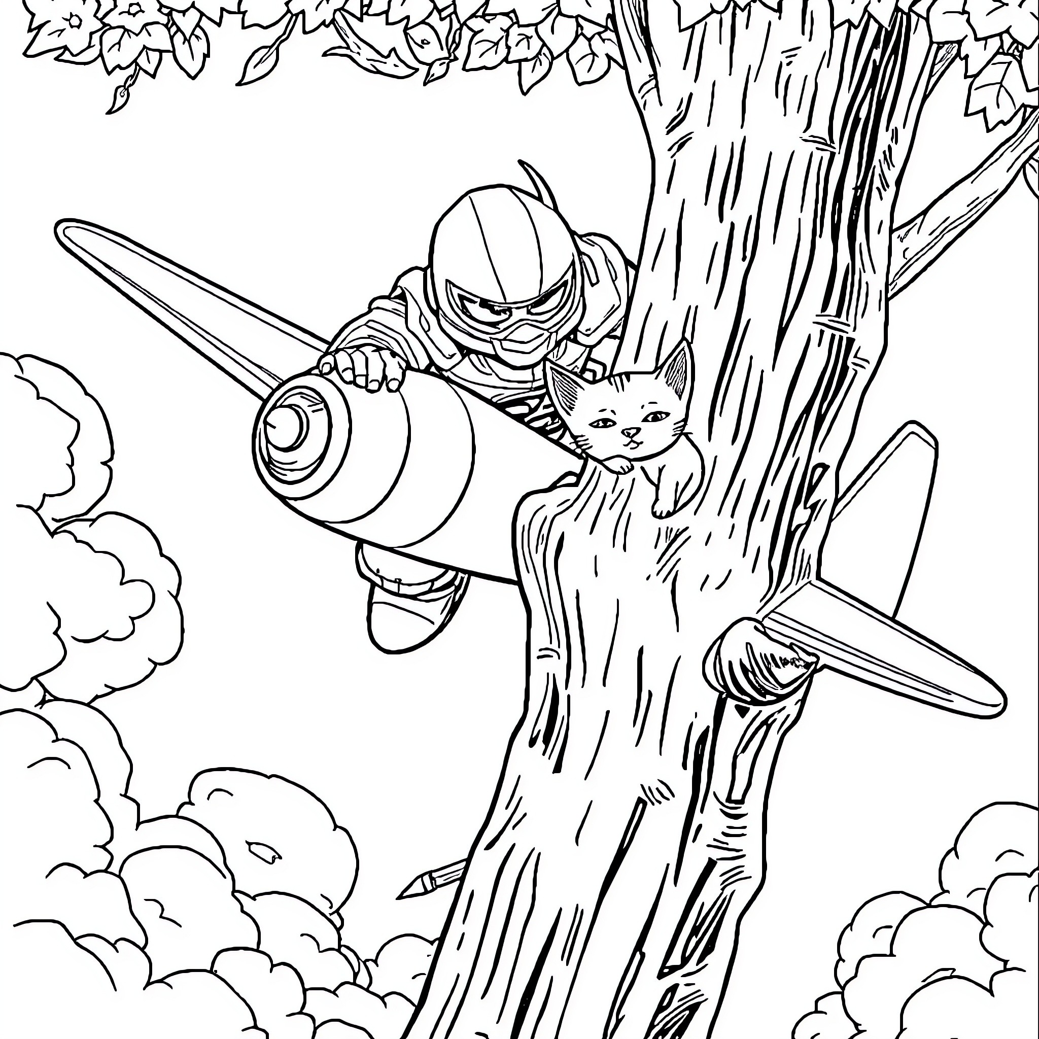 Firefighter rescuing a cat from a burning tree Coloring Page (free black-and-white line drawing printable PDF for all, from beginners to advanced learners, including children, teens, adults, and seniors)
