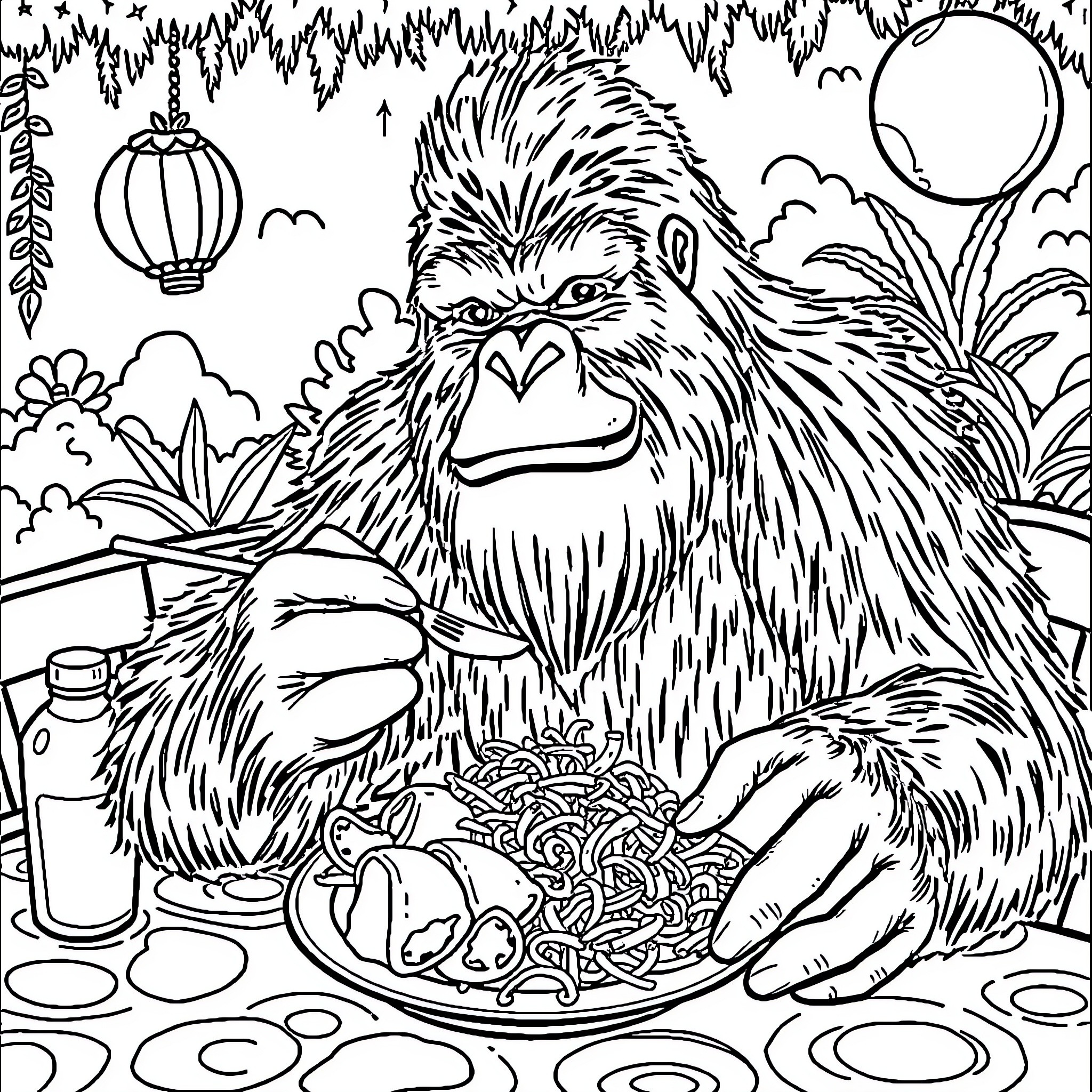 Bigfoot enjoying a traditional Asian meal under the moonlight Coloring Page (free black-and-white line drawing printable PDF for all, from beginners to advanced learners, including children, teens, adults, and seniors)