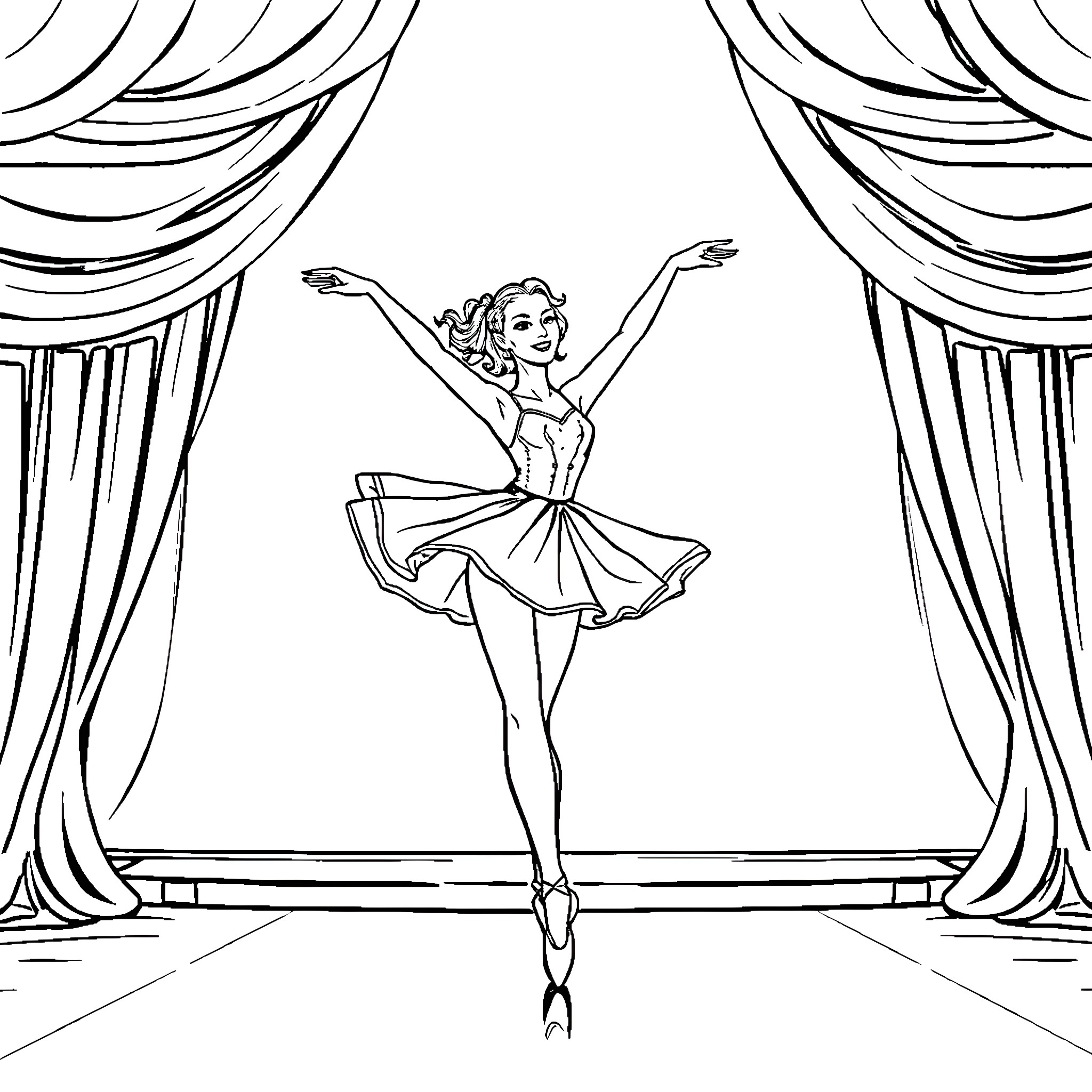 Ballerina Performing on Stage with Curtains Coloring Page (free black-and-white line drawing printable PDF for all, from beginners to advanced learners, including children, teens, adults, and seniors)