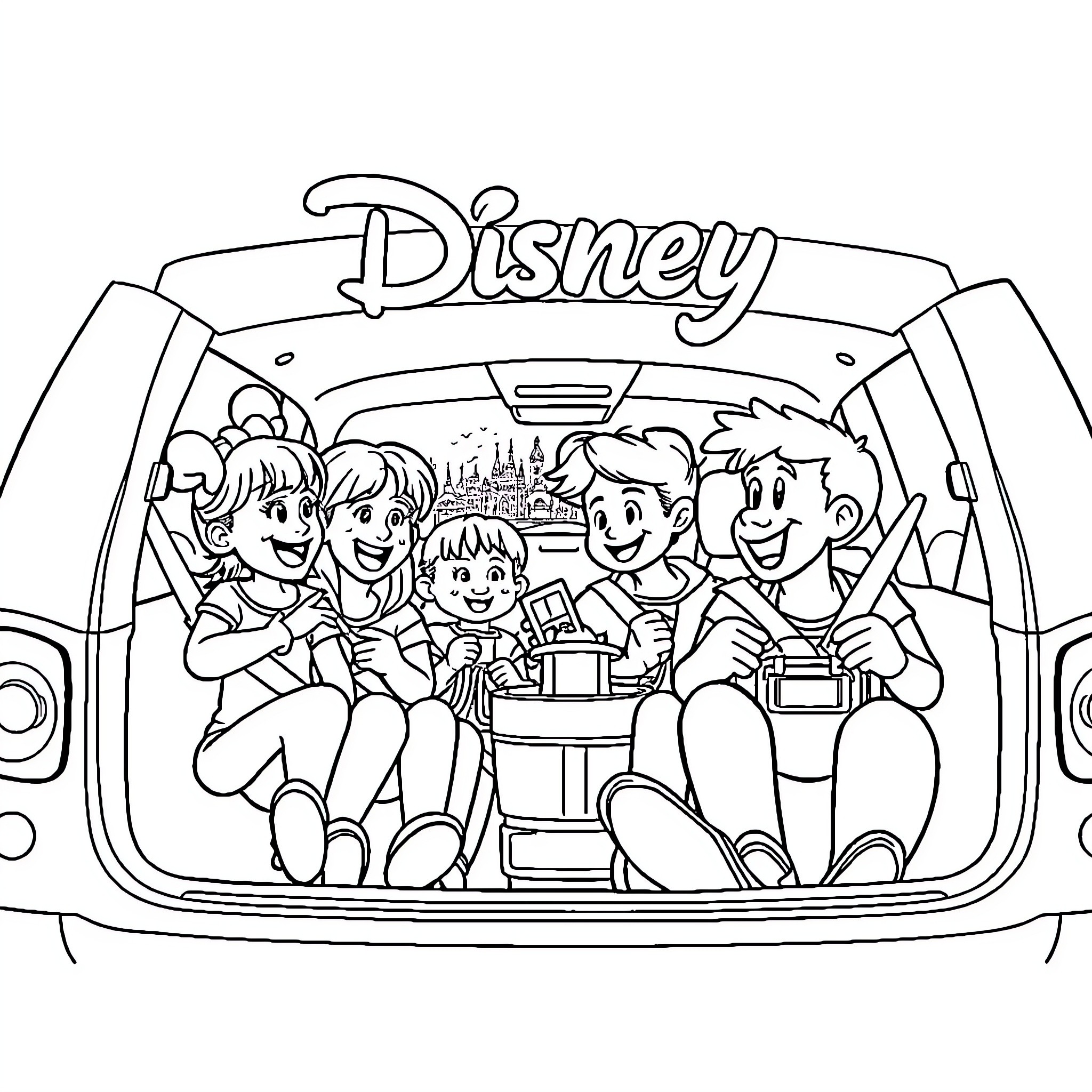 Minivan full of cheerful family heading to Disney Coloring Page (free black-and-white line drawing printable PDF for all, from beginners to advanced learners, including children, teens, adults, and seniors)