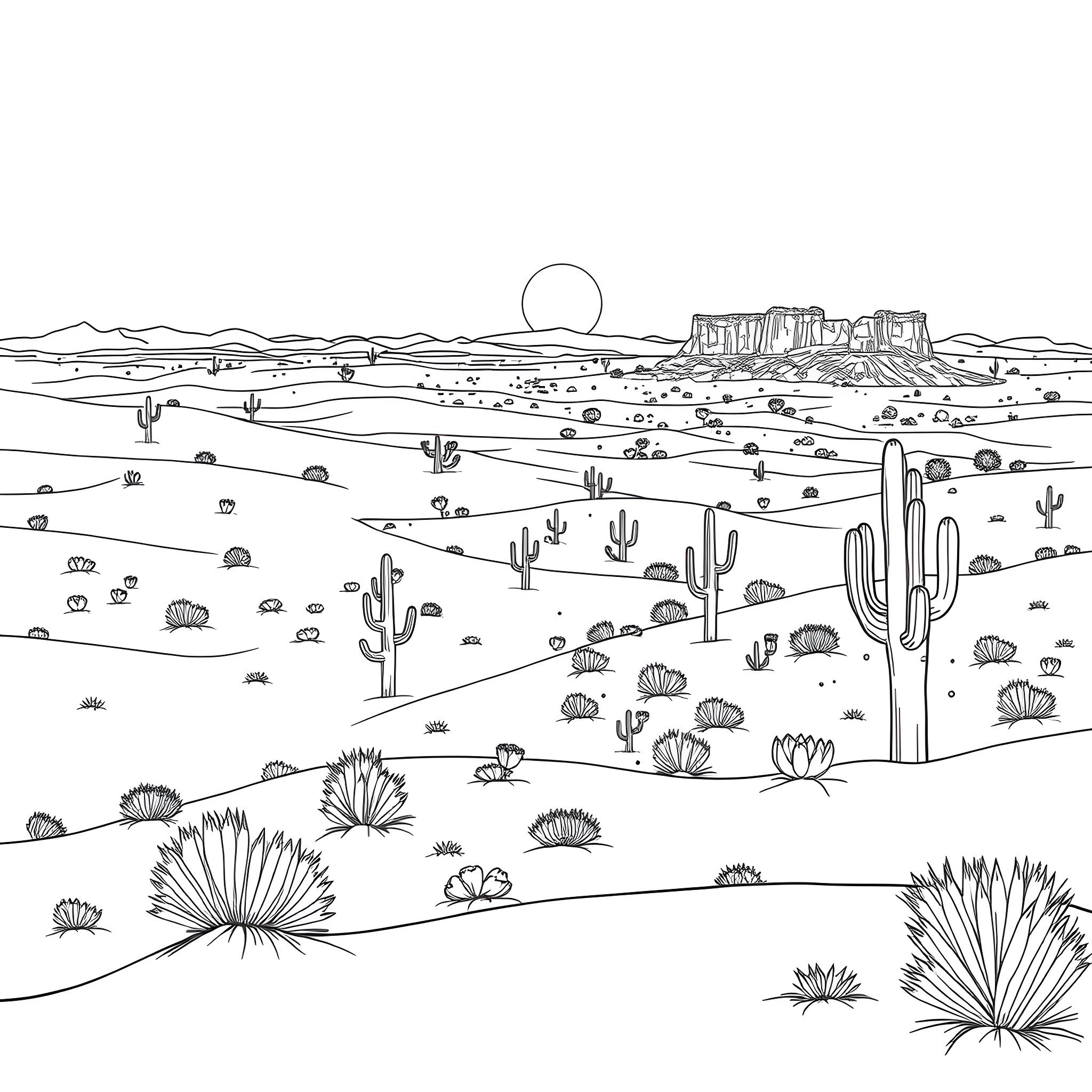 Desert landscape with cacti and mountains Coloring Page (free black-and-white line drawing printable PDF for all, from beginners to advanced learners, including children, teens, adults, and seniors)