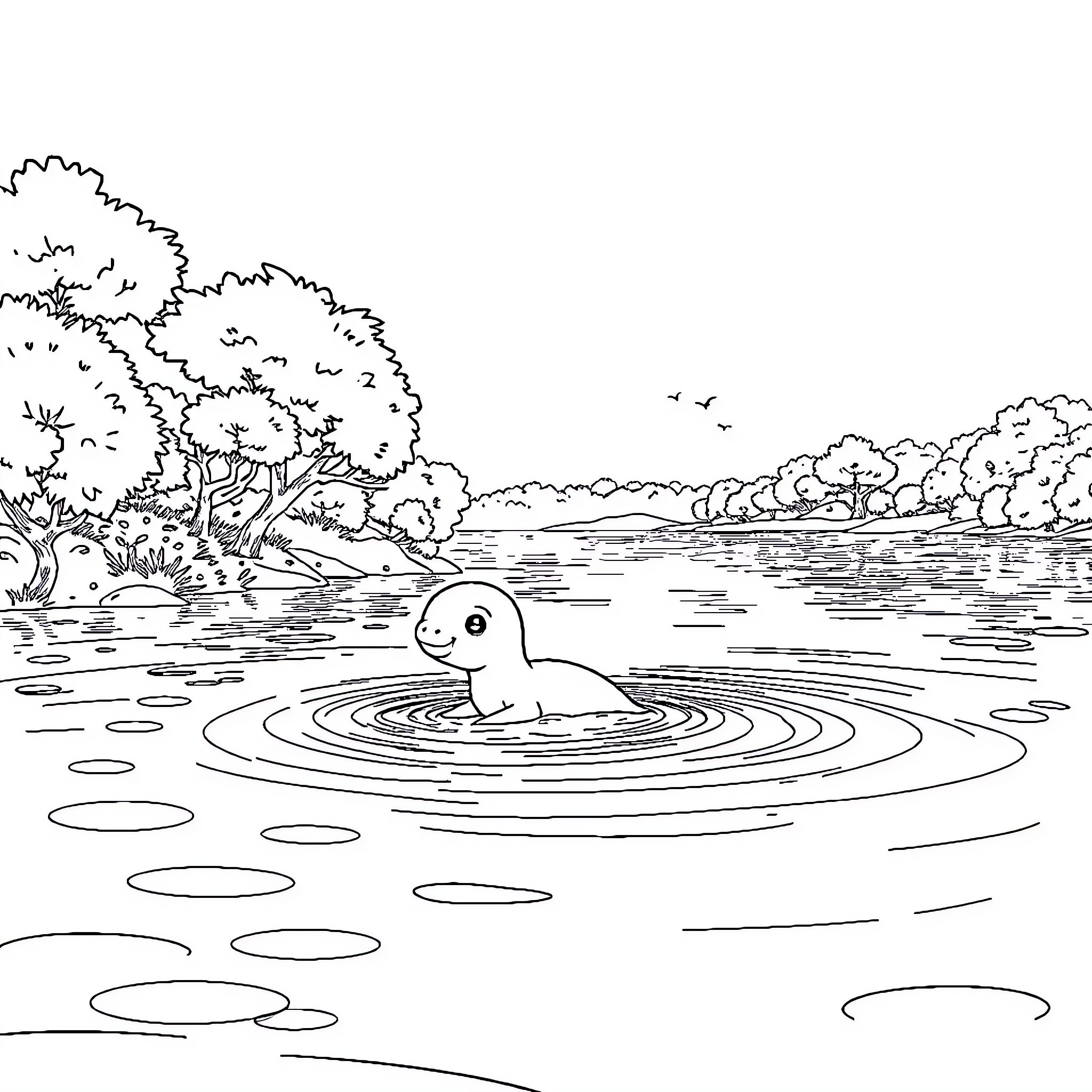 Capybara swimming in a peaceful lakeside scene Coloring Page (free black-and-white line drawing printable PDF for all, from beginners to advanced learners, including children, teens, adults, and seniors)