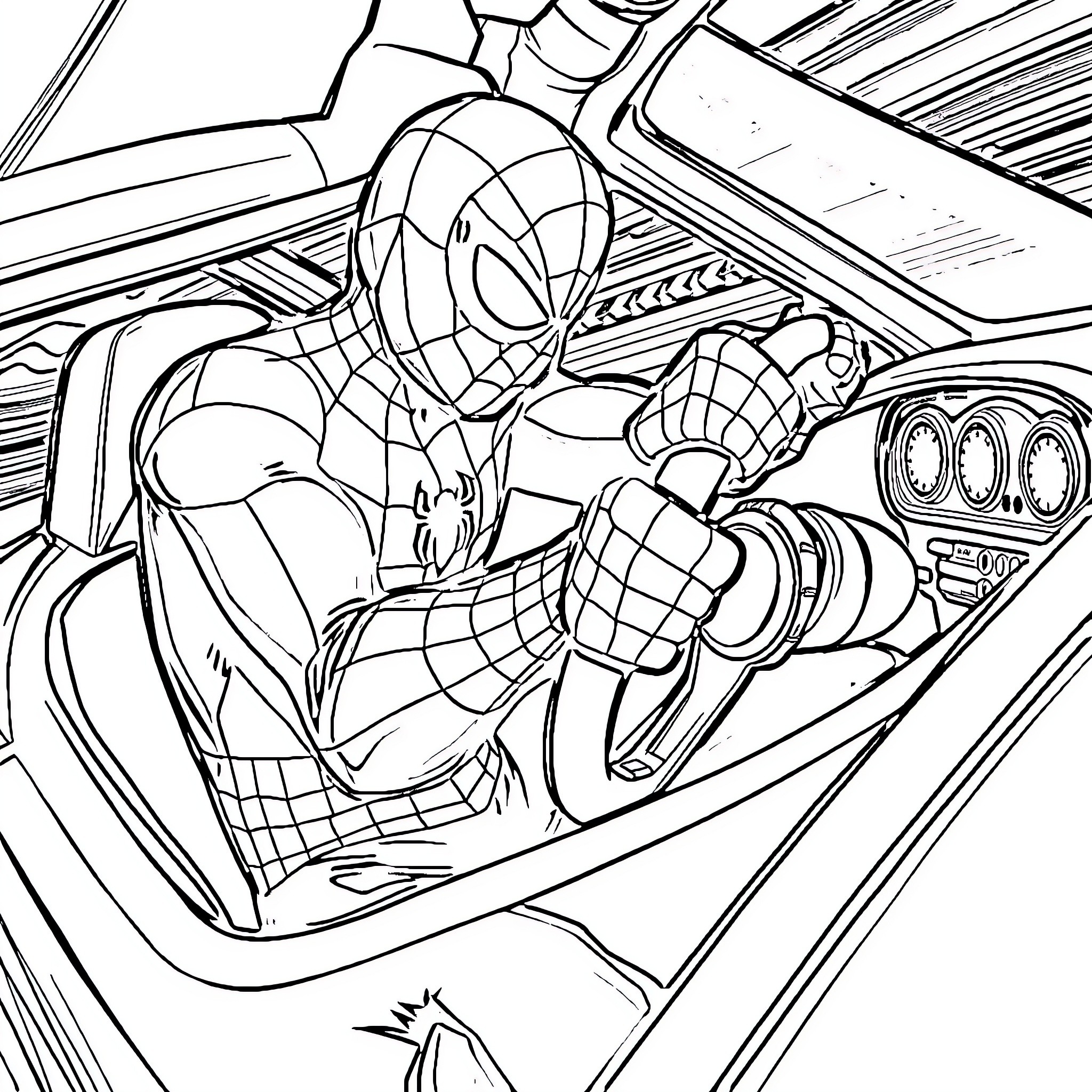 Spiderman swinging into heroic action Coloring Page (free black-and-white line drawing printable PDF for all, from beginners to advanced learners, including children, teens, adults, and seniors)