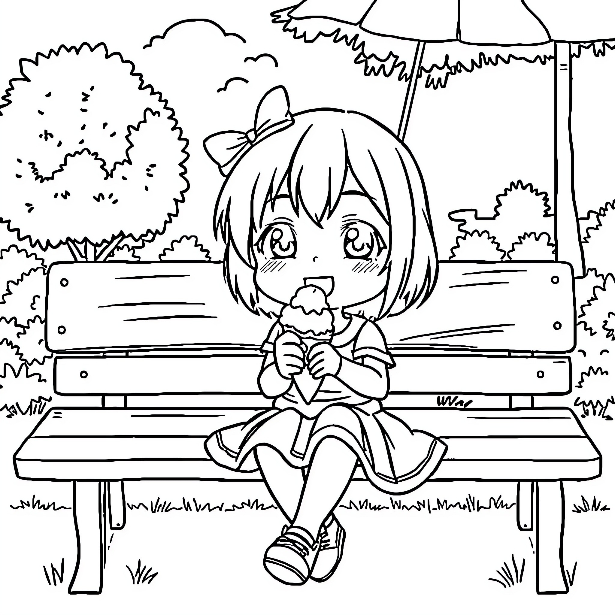 Anime Girl sitting on a bench in a park Coloring Page (free black-and-white line drawing printable PDF for all, from beginners to advanced learners, including children, teens, adults, and seniors)