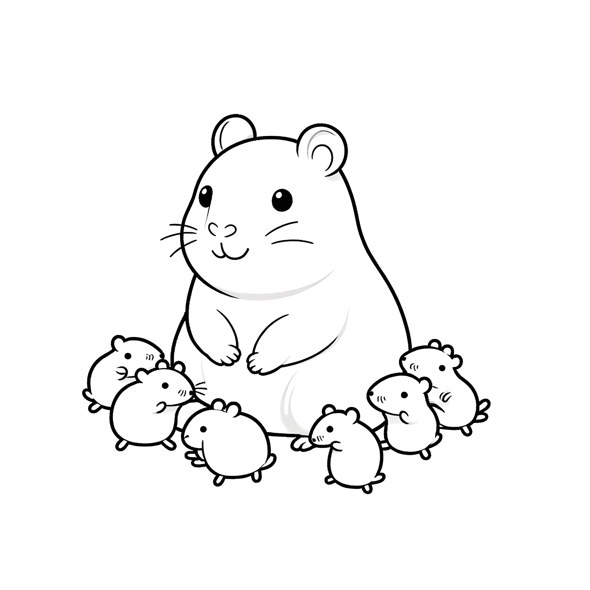 Hamster surrounded by cute baby hamsters Coloring Page (free black-and-white line drawing printable PDF for all, from beginners to advanced learners, including children, teens, adults, and seniors)