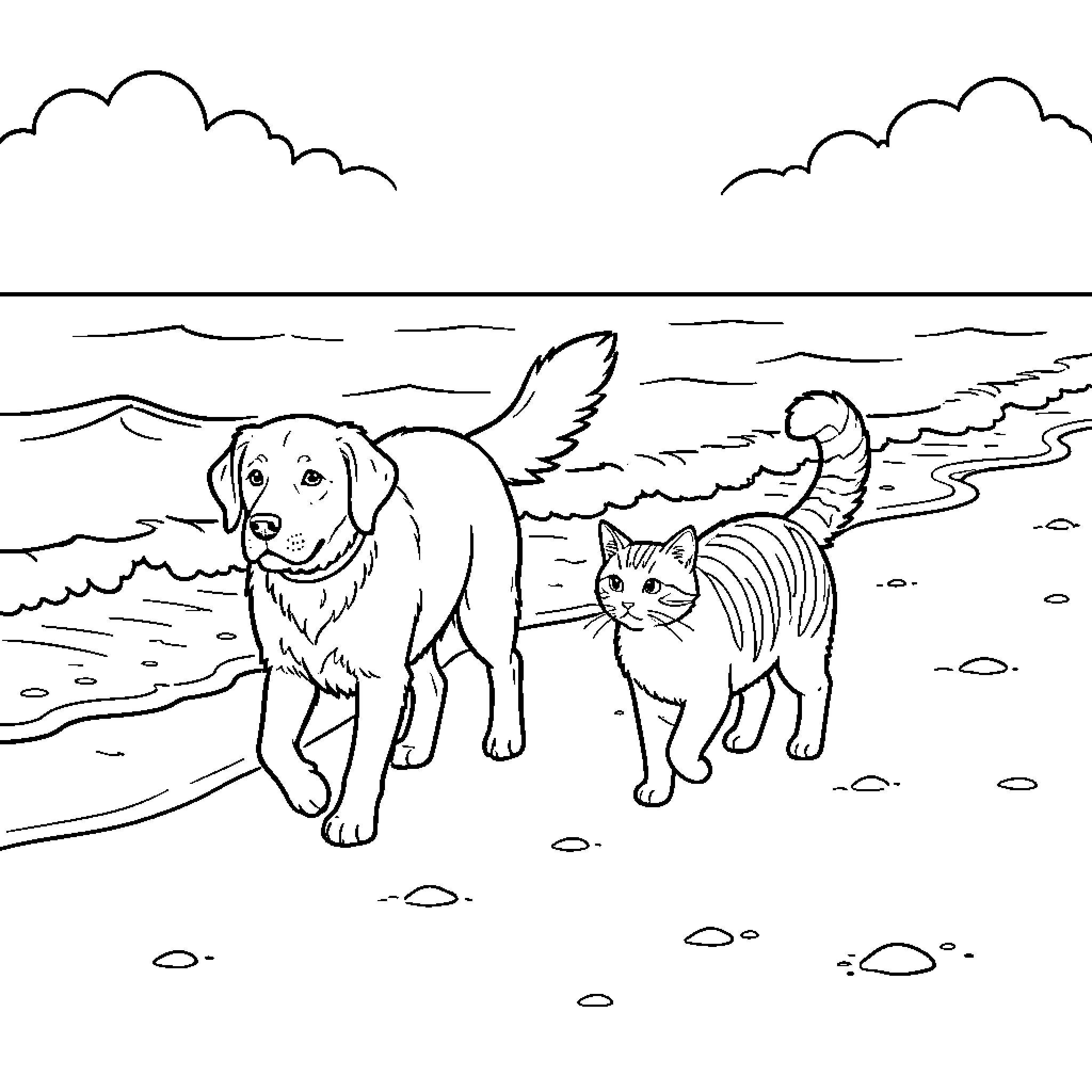 Dog and cat walking together on the beach Coloring Page (free black-and-white line drawing printable PDF for all, from beginners to advanced learners, including children, teens, adults, and seniors)
