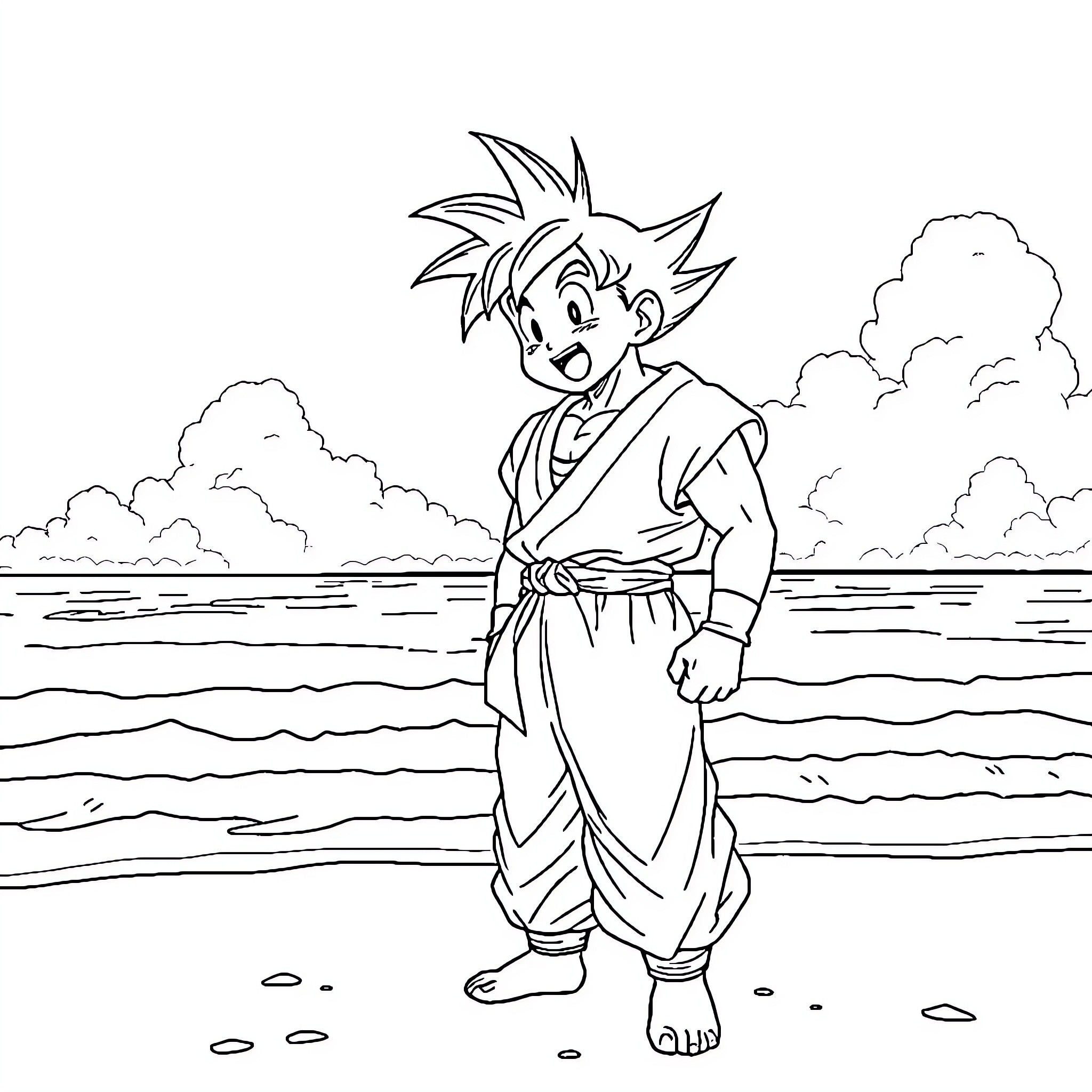 Goku enjoying nature's serenity in the outdoors Coloring Page (free black-and-white line drawing printable PDF for all, from beginners to advanced learners, including children, teens, adults, and seniors)