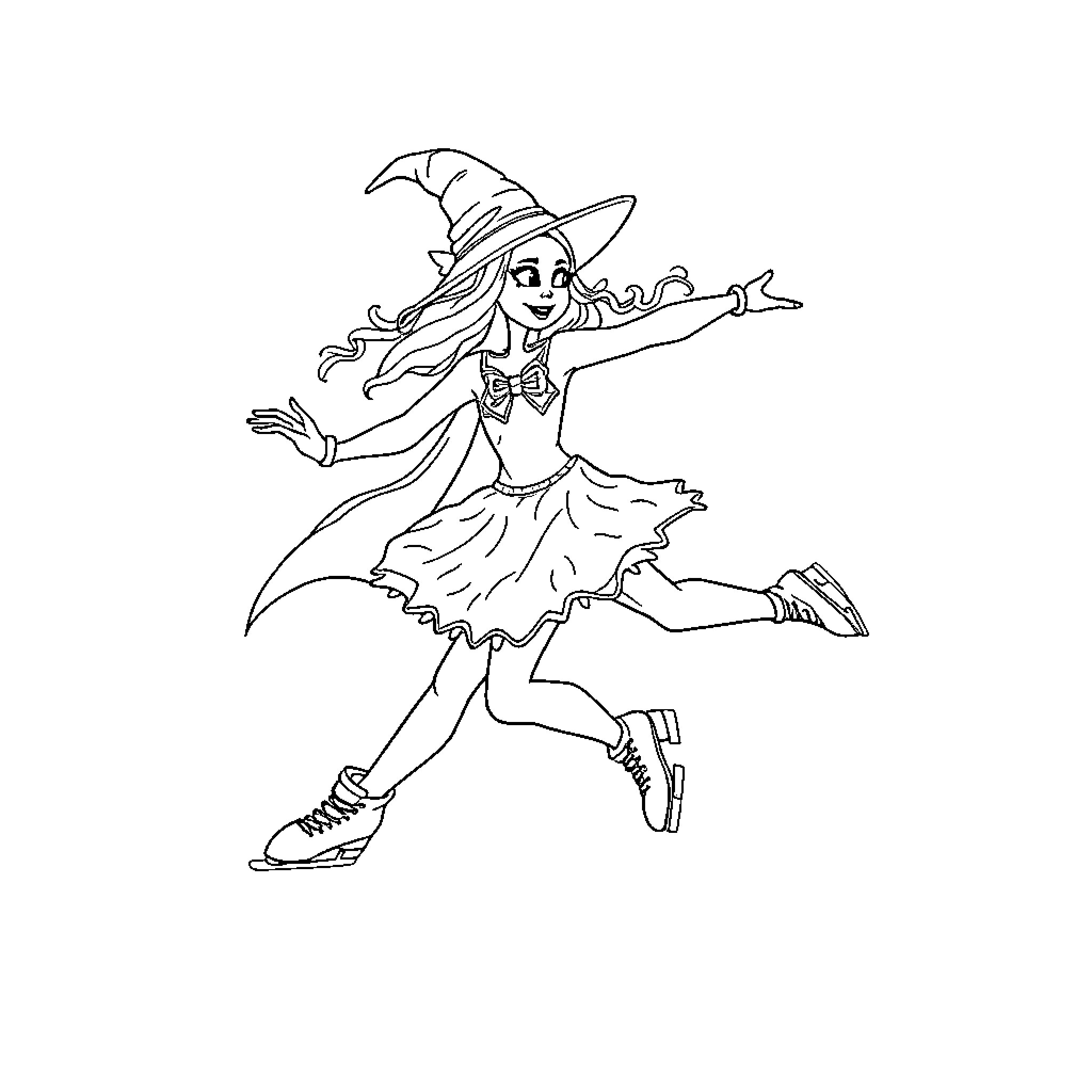 Figure Skater in Playful Witch Costume Coloring Page (free black-and-white line drawing printable PDF for all, from beginners to advanced learners, including children, teens, adults, and seniors)