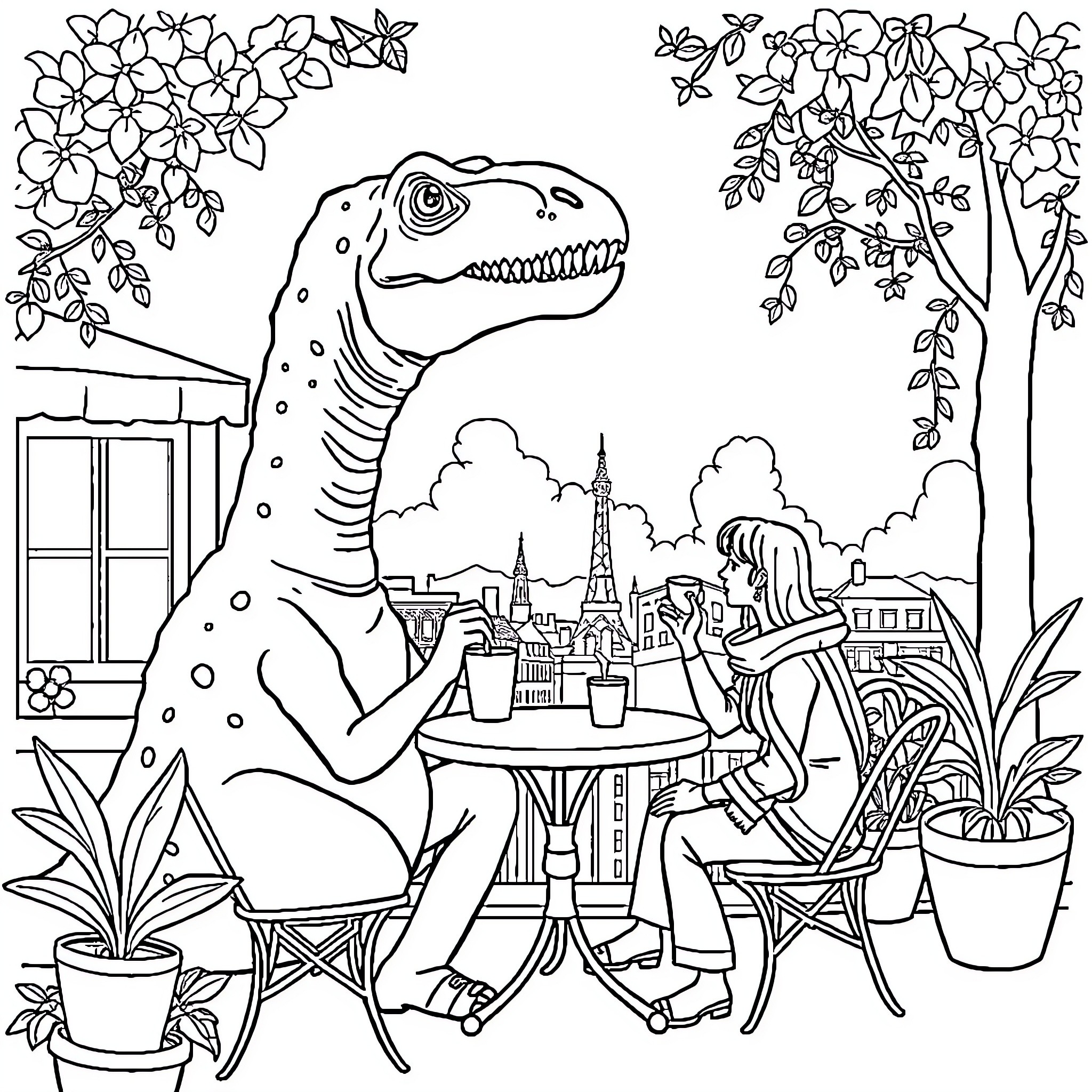 Dinosaur enjoying tea with friends in the park Coloring Page (free black-and-white line drawing printable PDF for all, from beginners to advanced learners, including children, teens, adults, and seniors)