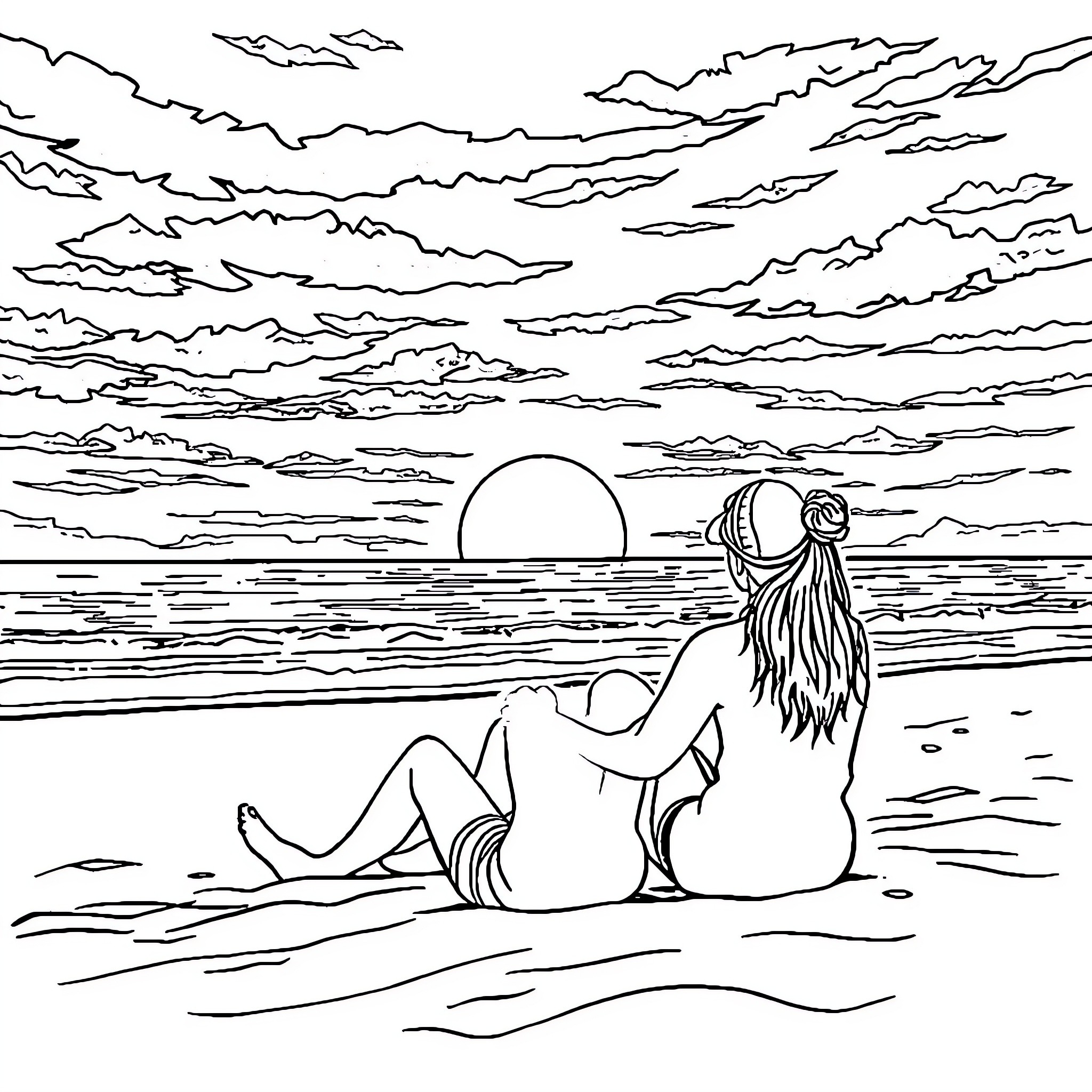 Man and Woman Watching Sunset on the Beach Coloring Page (free black-and-white line drawing printable PDF for all, from beginners to advanced learners, including children, teens, adults, and seniors)