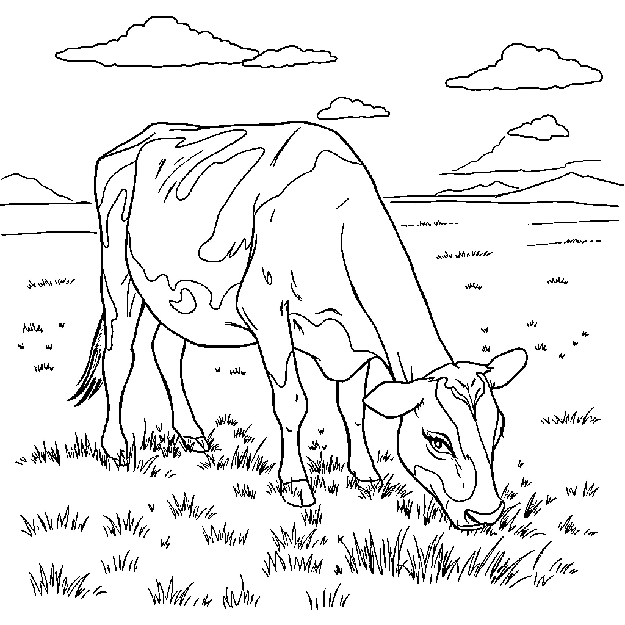 Cow grazing in a serene landscape Coloring Page (free black-and-white line drawing printable PDF for all, from beginners to advanced learners, including children, teens, adults, and seniors)