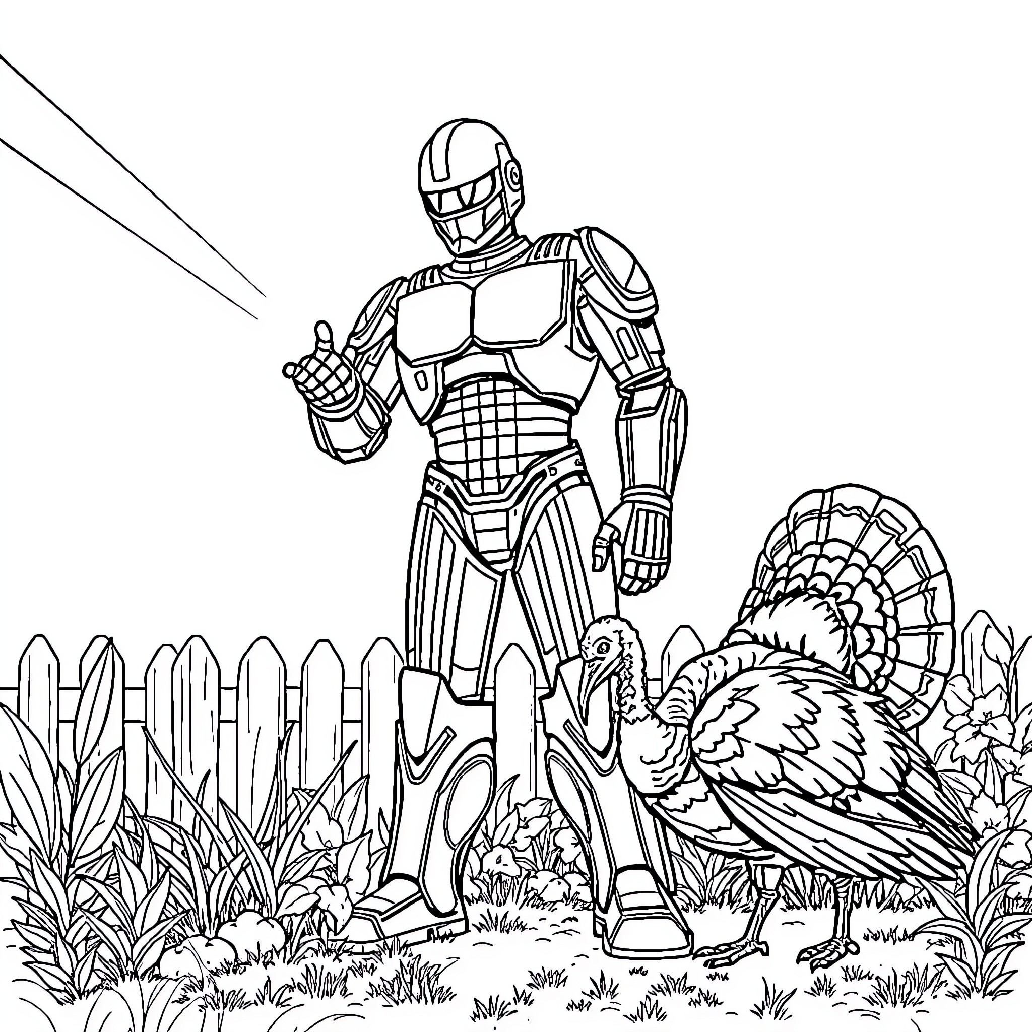 Robocop standing tall with turkey in nature Coloring Page (free black-and-white line drawing printable PDF for all, from beginners to advanced learners, including children, teens, adults, and seniors)