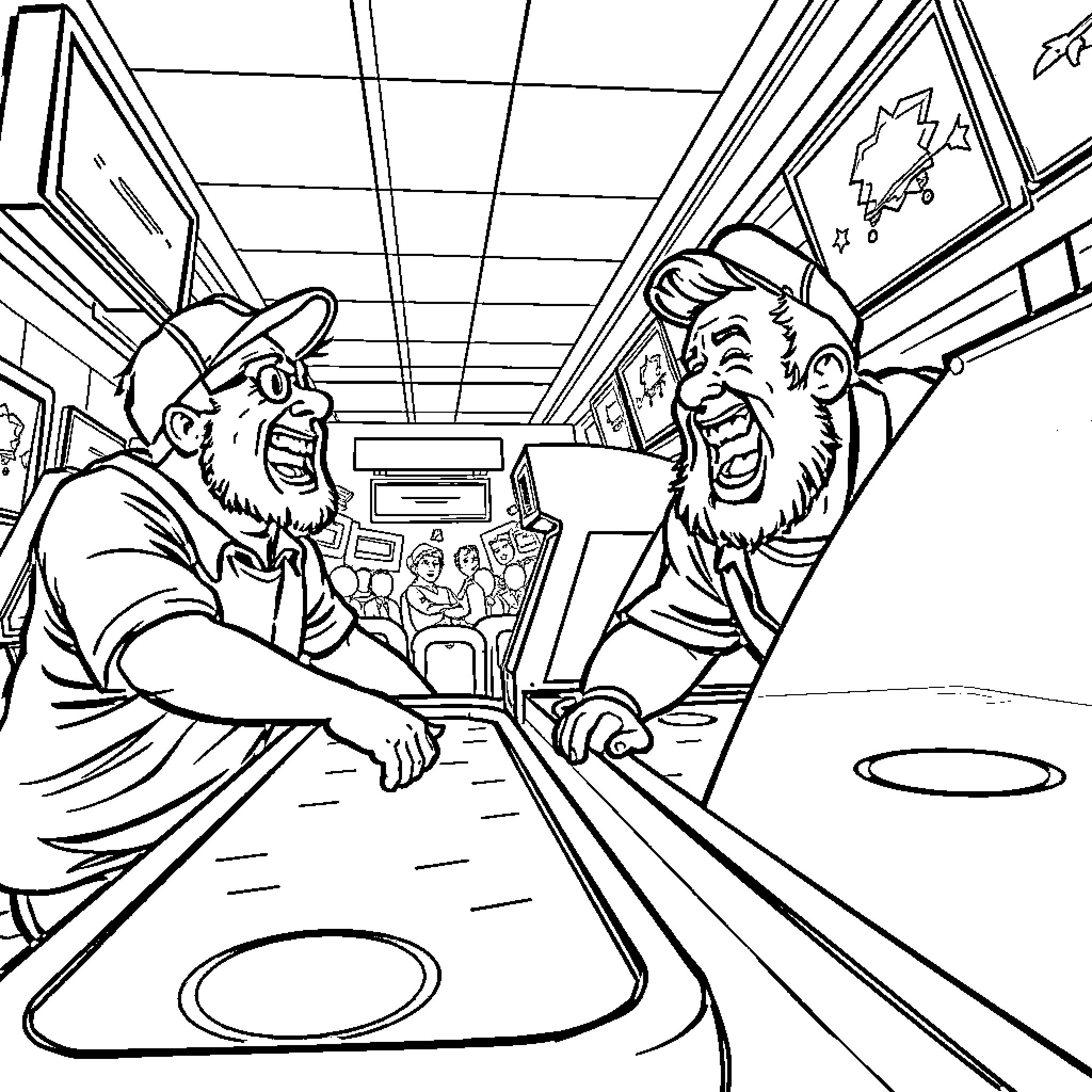 Dude Raises Ruckus in Arcade Coloring Page (free black-and-white line drawing printable PDF for all, from beginners to advanced learners, including children, teens, adults, and seniors)
