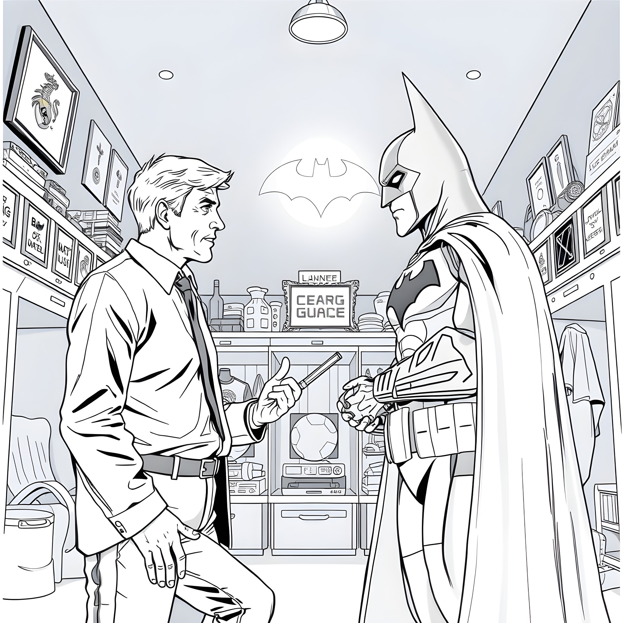 Arsene Wenger meets Batman in a comic book setting Coloring Page (free black-and-white line drawing printable PDF for all, from beginners to advanced learners, including children, teens, adults, and seniors)
