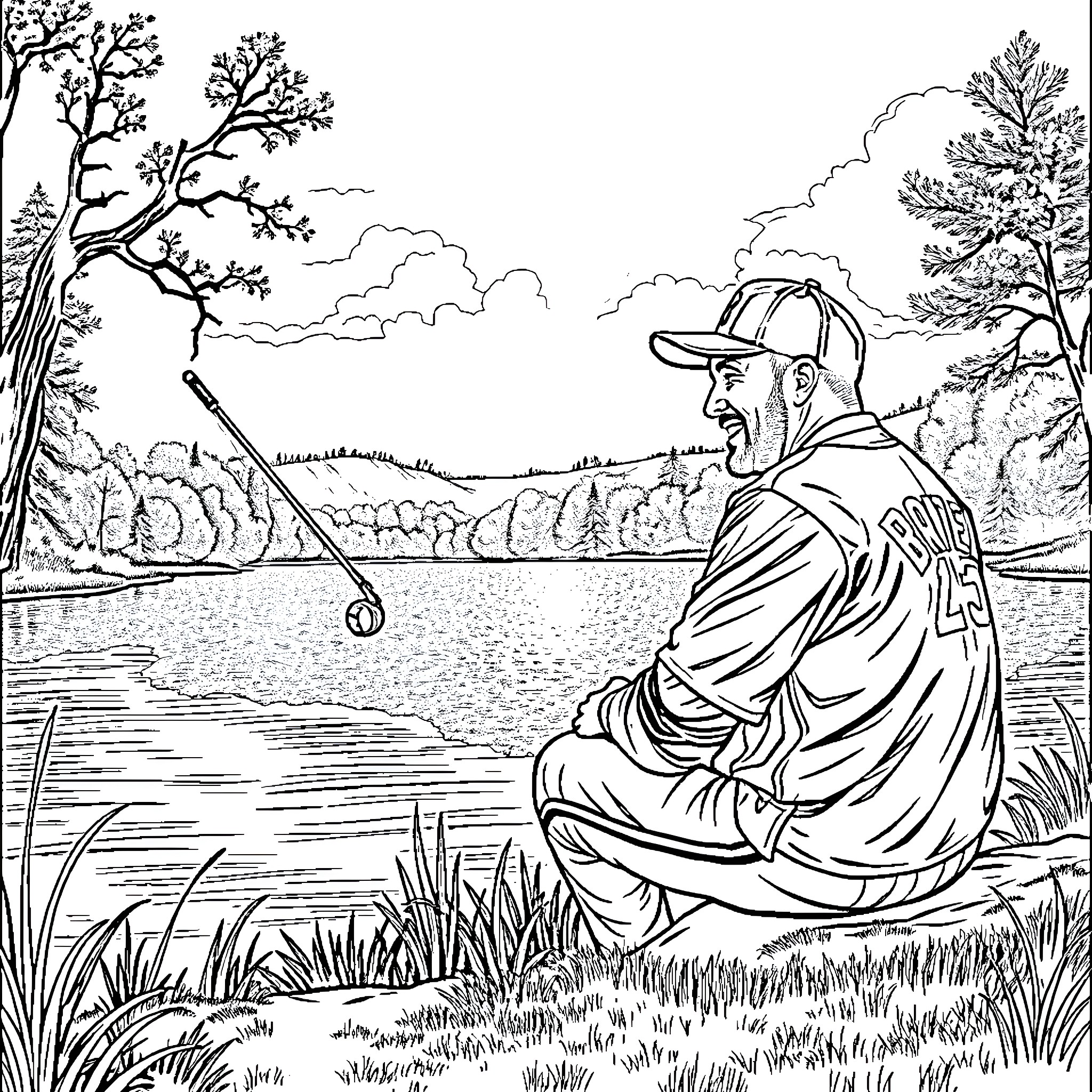 Derek Jeter relaxing by the lake during a fishing trip Coloring Page (free black-and-white line drawing printable PDF for all, from beginners to advanced learners, including children, teens, adults, and seniors)