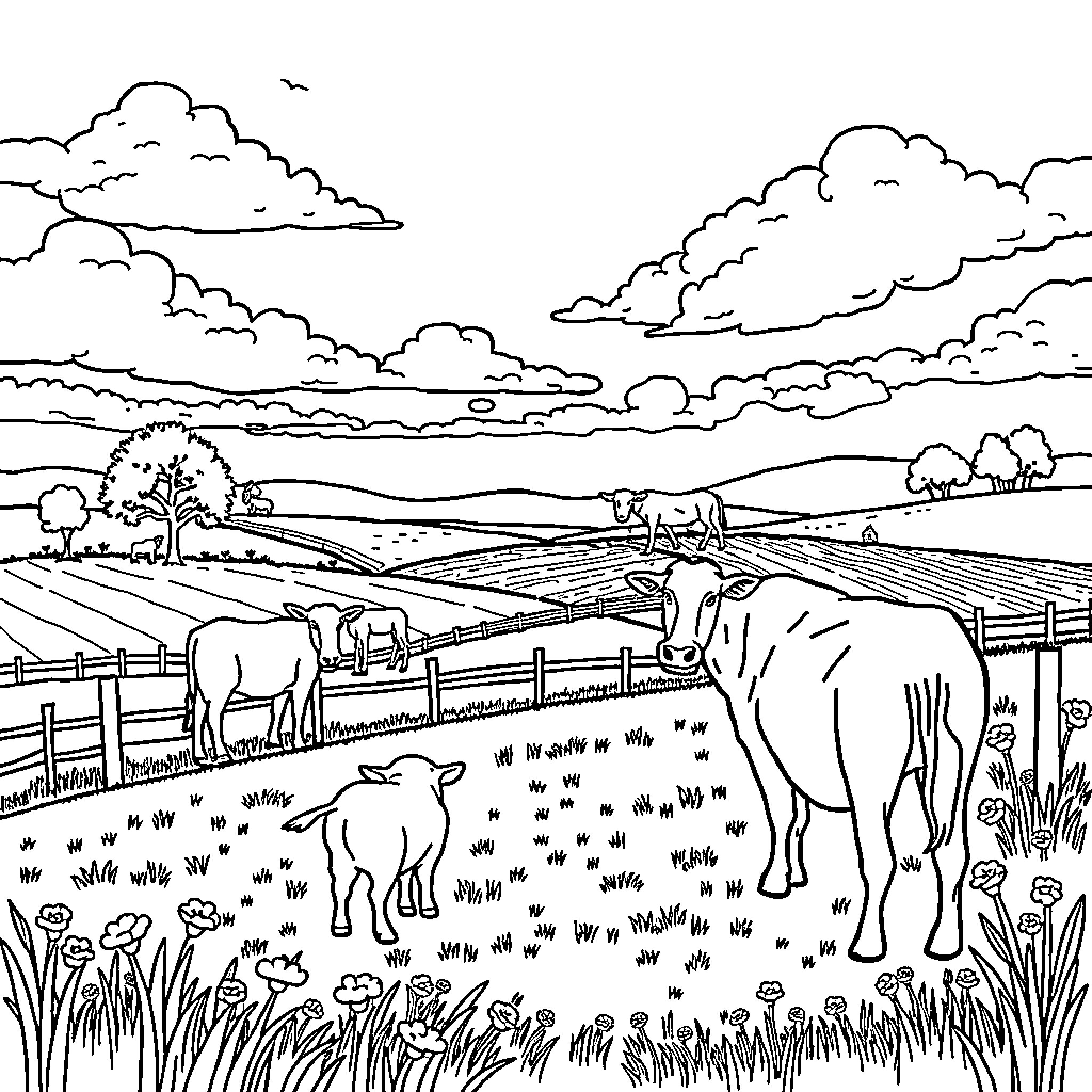 Farm Scene with Grazing Livestock and Lush Landscape Coloring Page (free black-and-white line drawing printable PDF for all, from beginners to advanced learners, including children, teens, adults, and seniors)